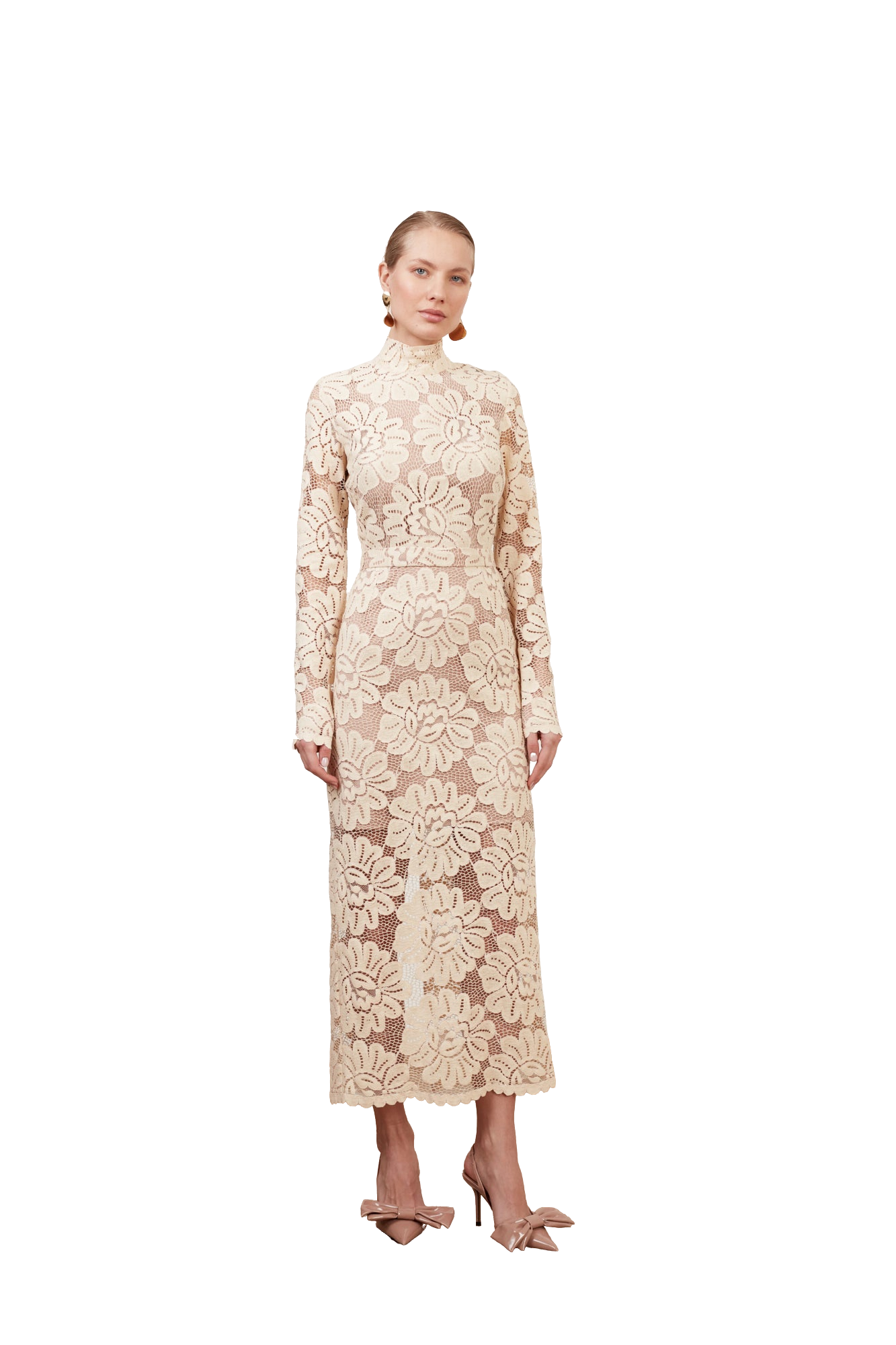 Undress Elena Cream Floral Lace Midi Dress With Turtleneck In Neutral