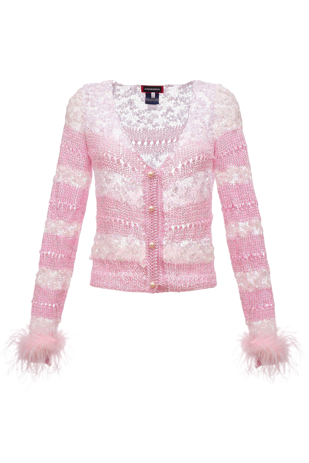 Shop Andreeva Pink Handmade Knit Sweater With Detachable Feather Details On The Cuffs And Pearl Buttons
