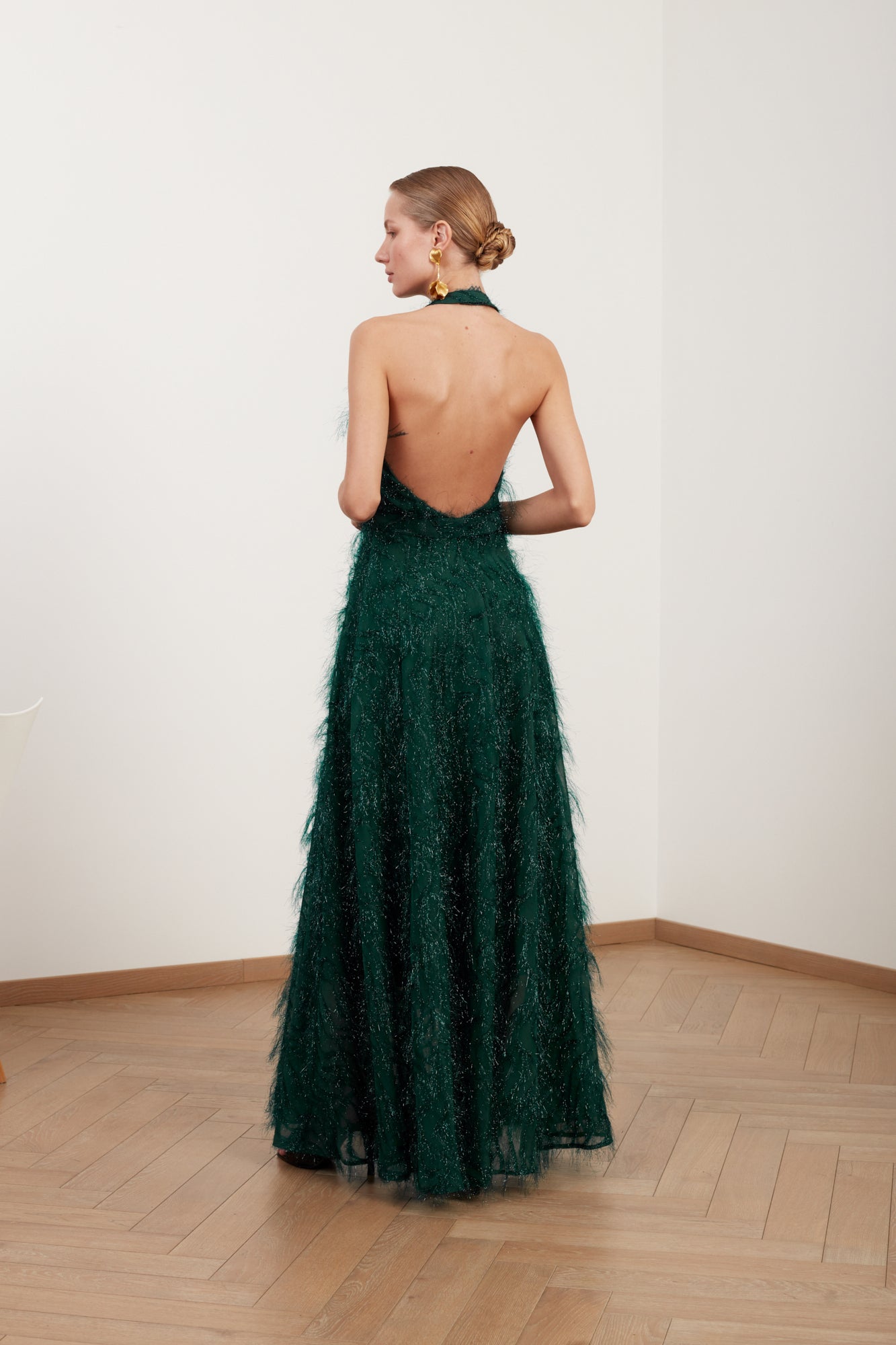 Shop Undress Maissa Green Feather Long Evening Gown With Open Back