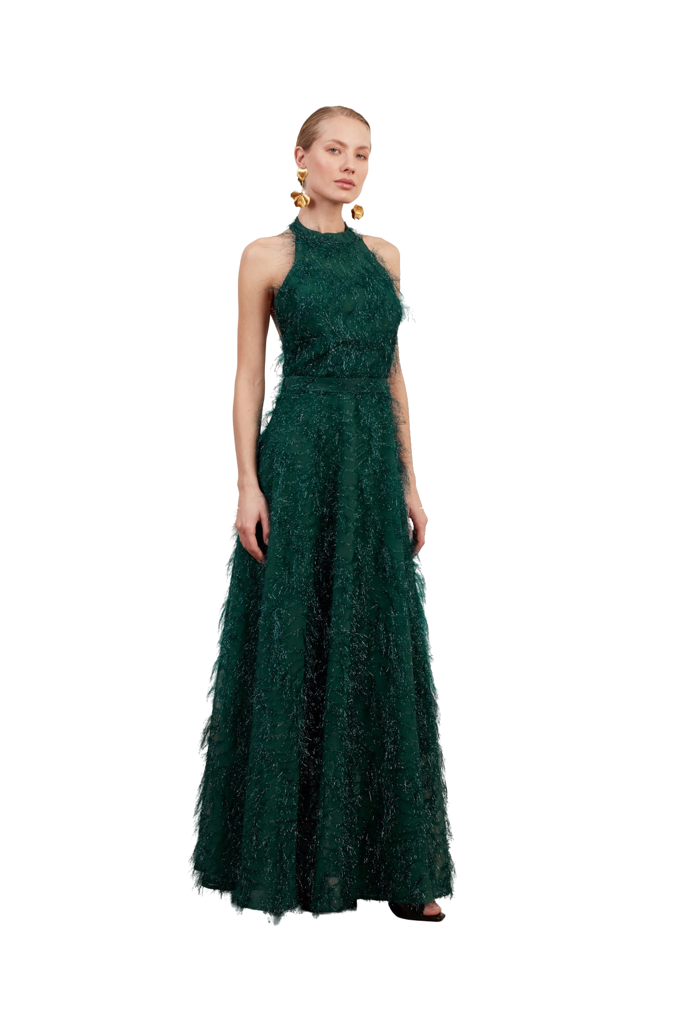 Undress Maissa Green Feather Long Evening Gown With Open Back