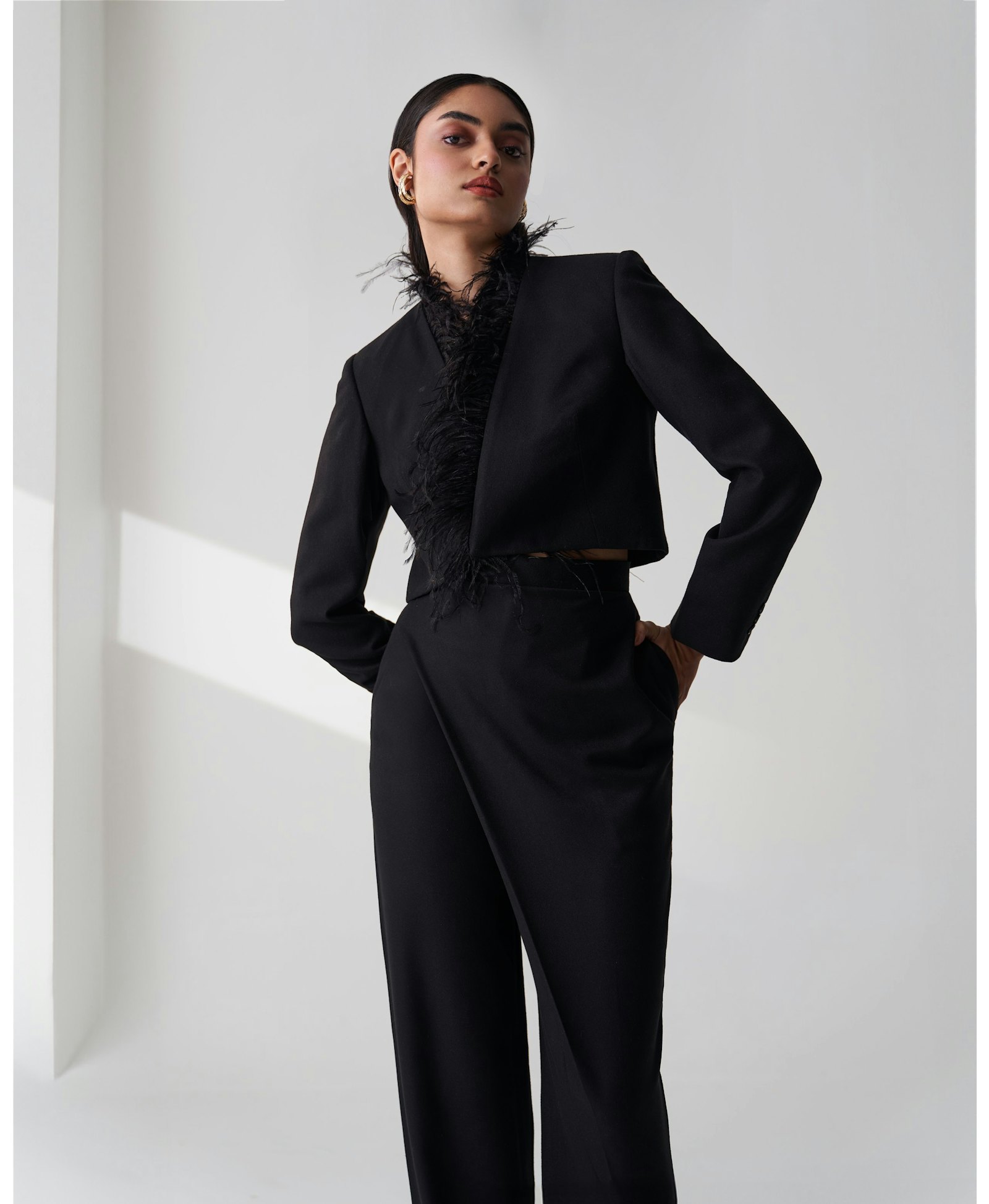 Black Tailored Twill Cropped Blazer made by Szabo Sihag