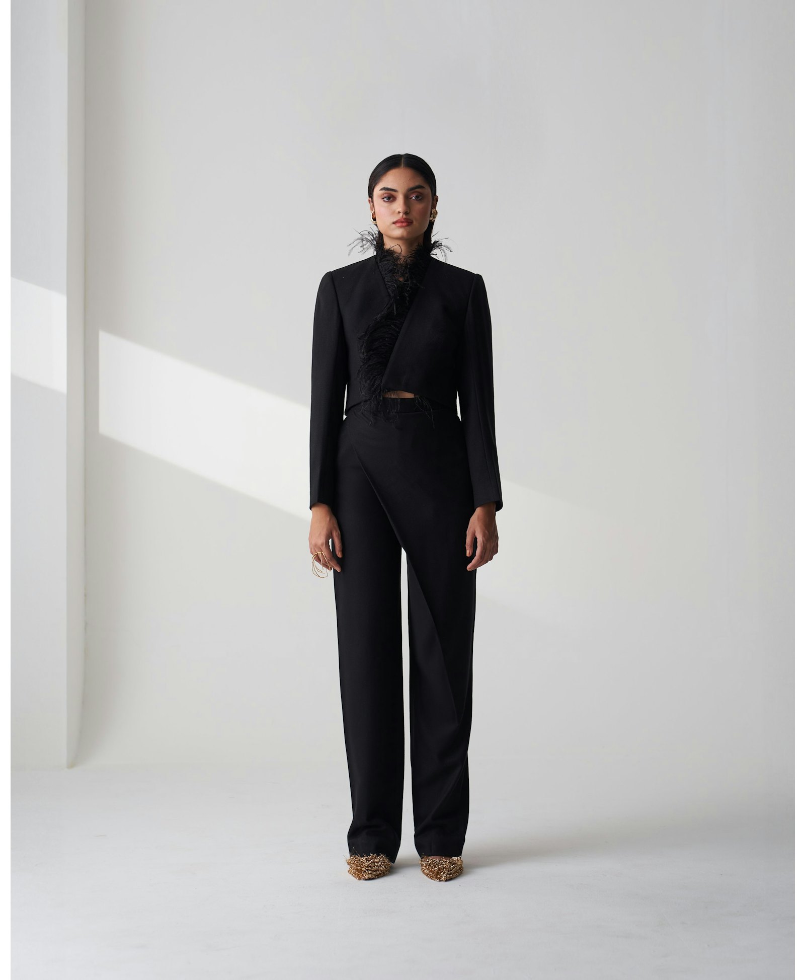 Black Tailored Twill Cropped Blazer made by Szabo Sihag