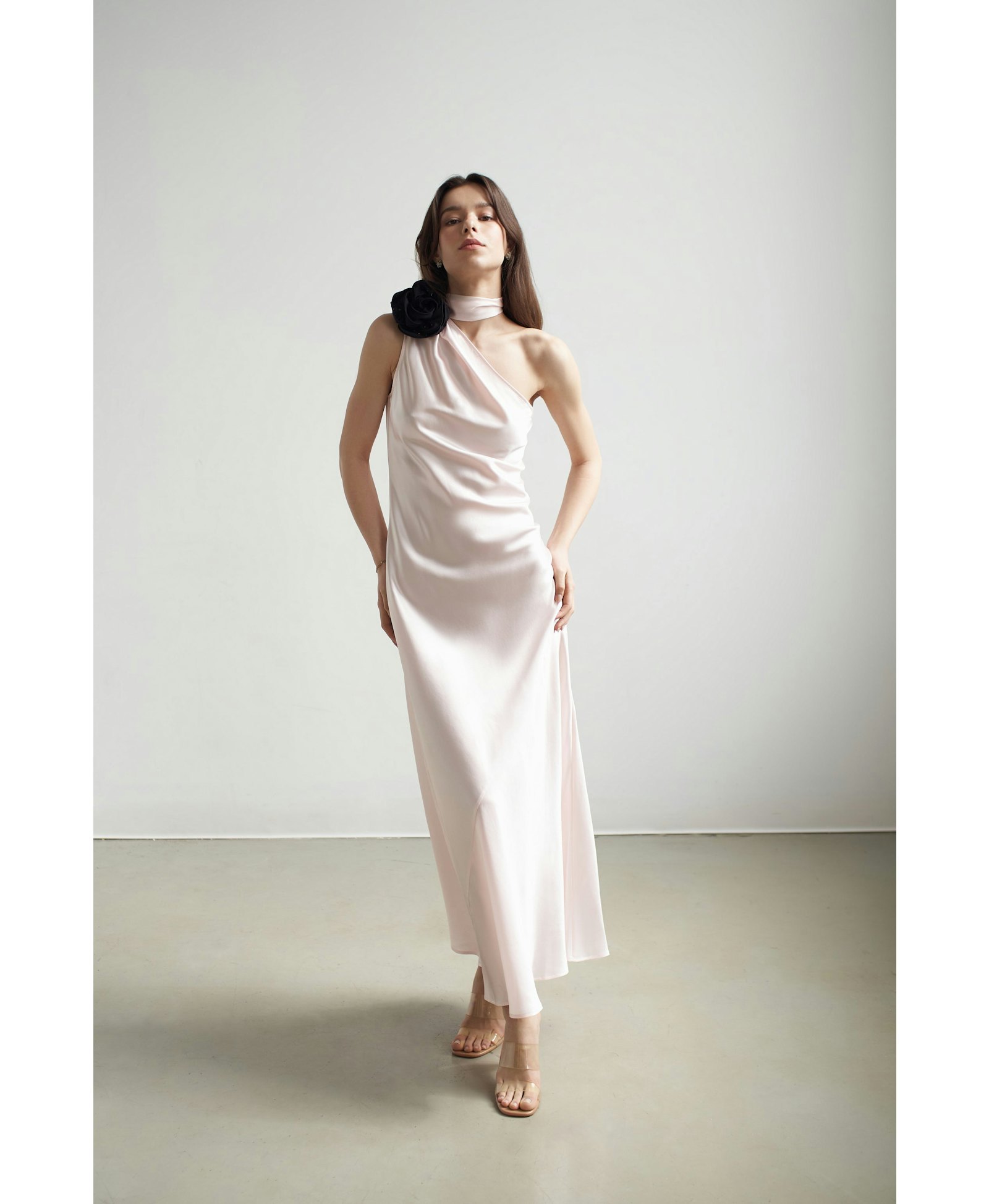 Portia Asymmetric Maxi Dress Pink With Black Crystallized Corsage made by Vasiliki