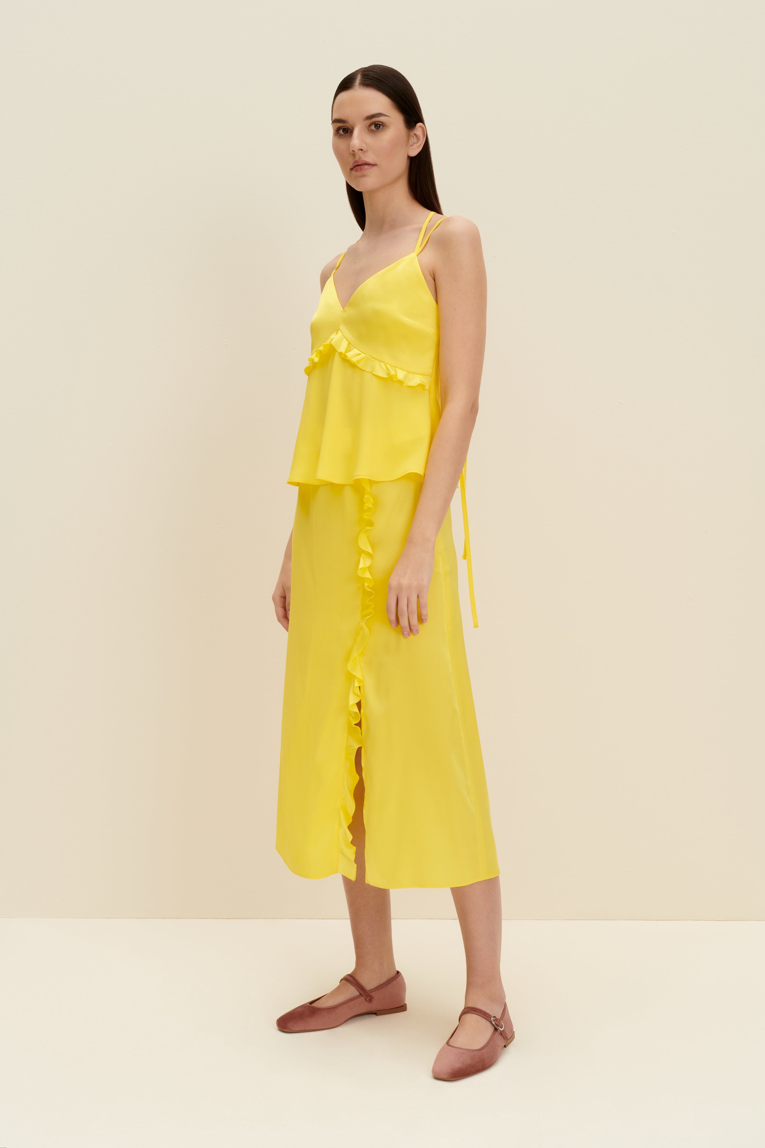 Shop Jaaf Ruffled Silk Midi Skirt In Lemon Yellow