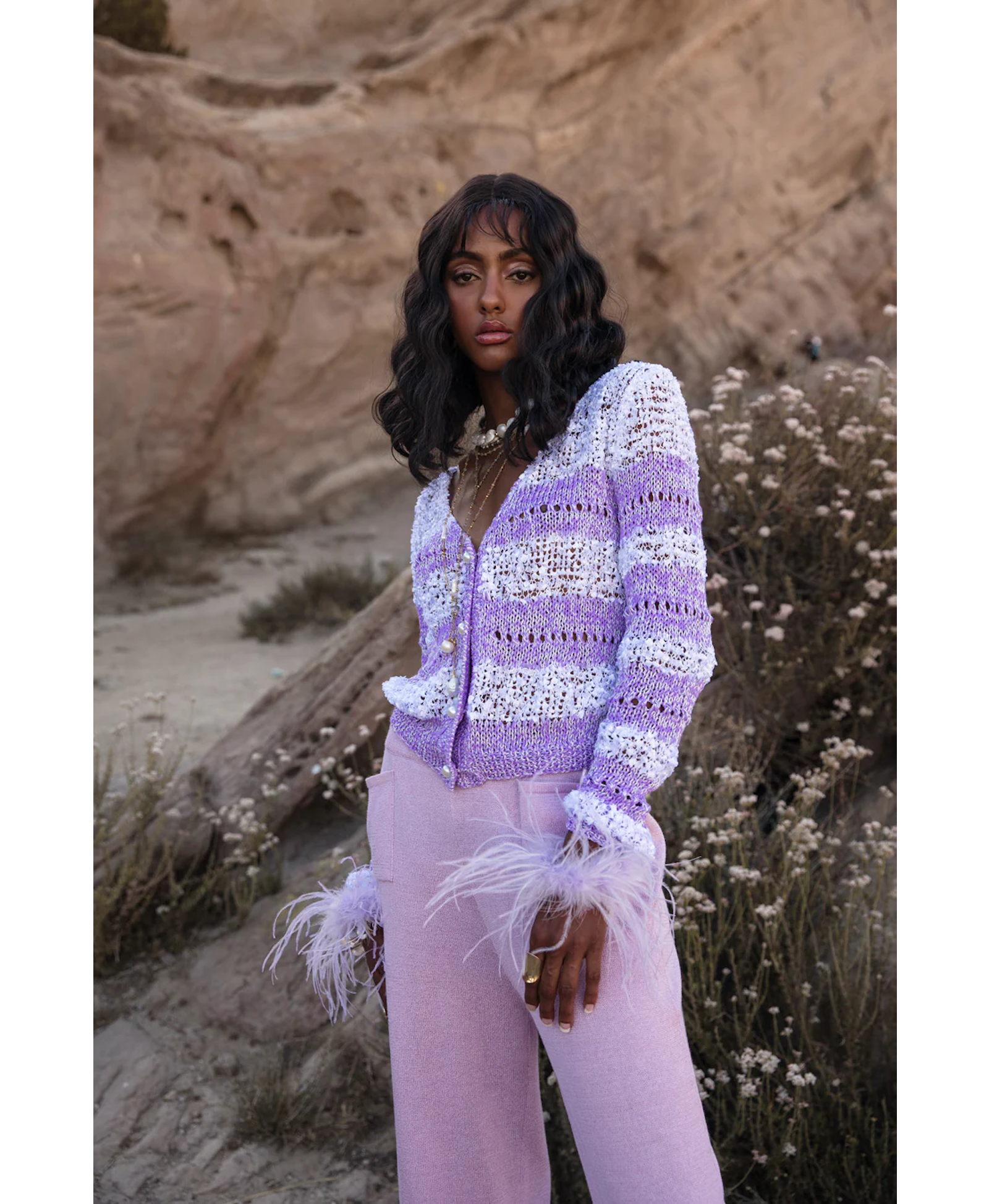 Lavender Handmade Knit Sweater With Detachable Feather Details On The Cuffs and Pearl Buttons made by ANDREEVA