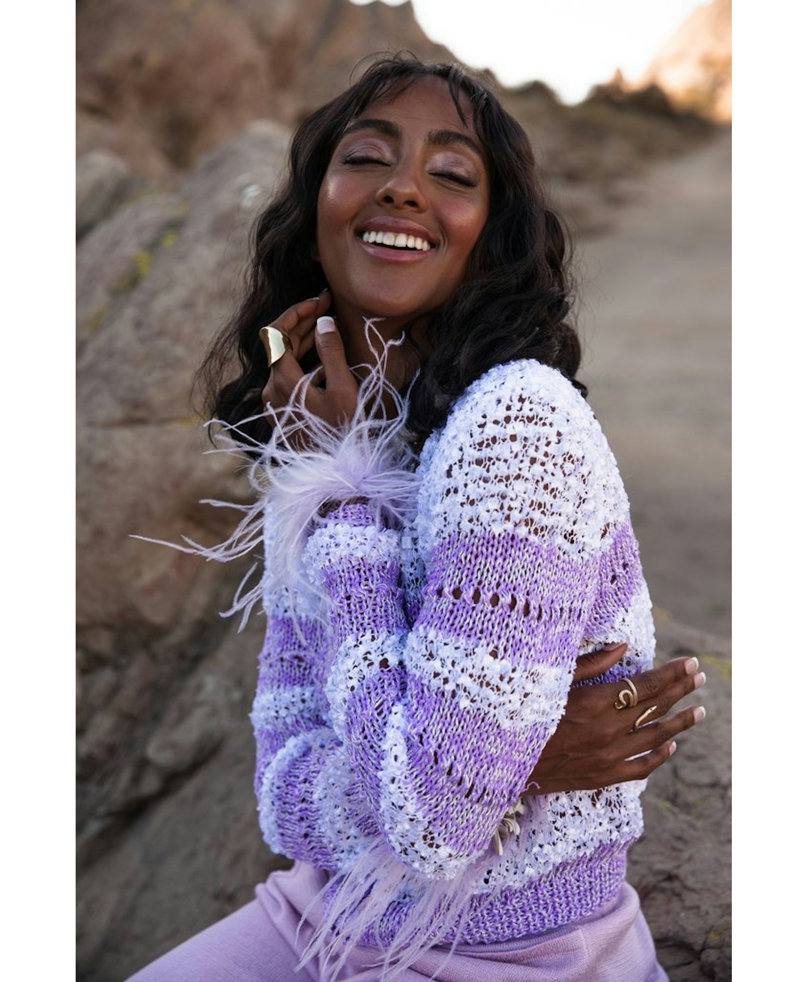 Lavender Handmade Knit Sweater With Detachable Feather Details On The Cuffs and Pearl Buttons made by ANDREEVA