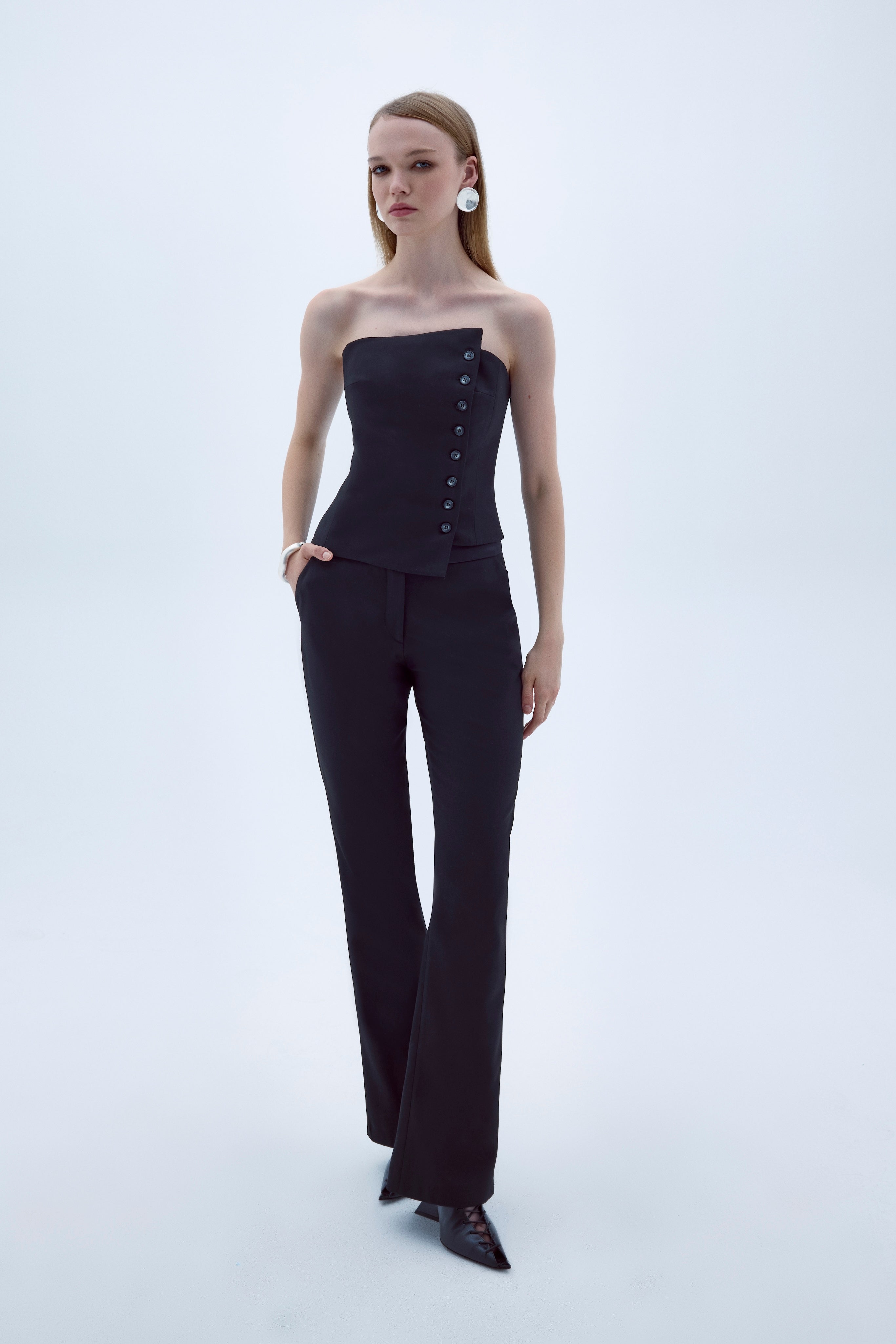 Shop Nazli Ceren Arced Straight Cut Trousers In Charcoal