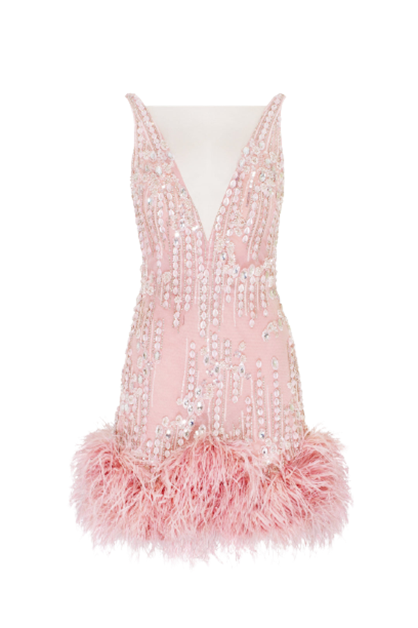 Millà Fabulous Mini Dress On Straps Adorned With Crystals And Feathers In Pink