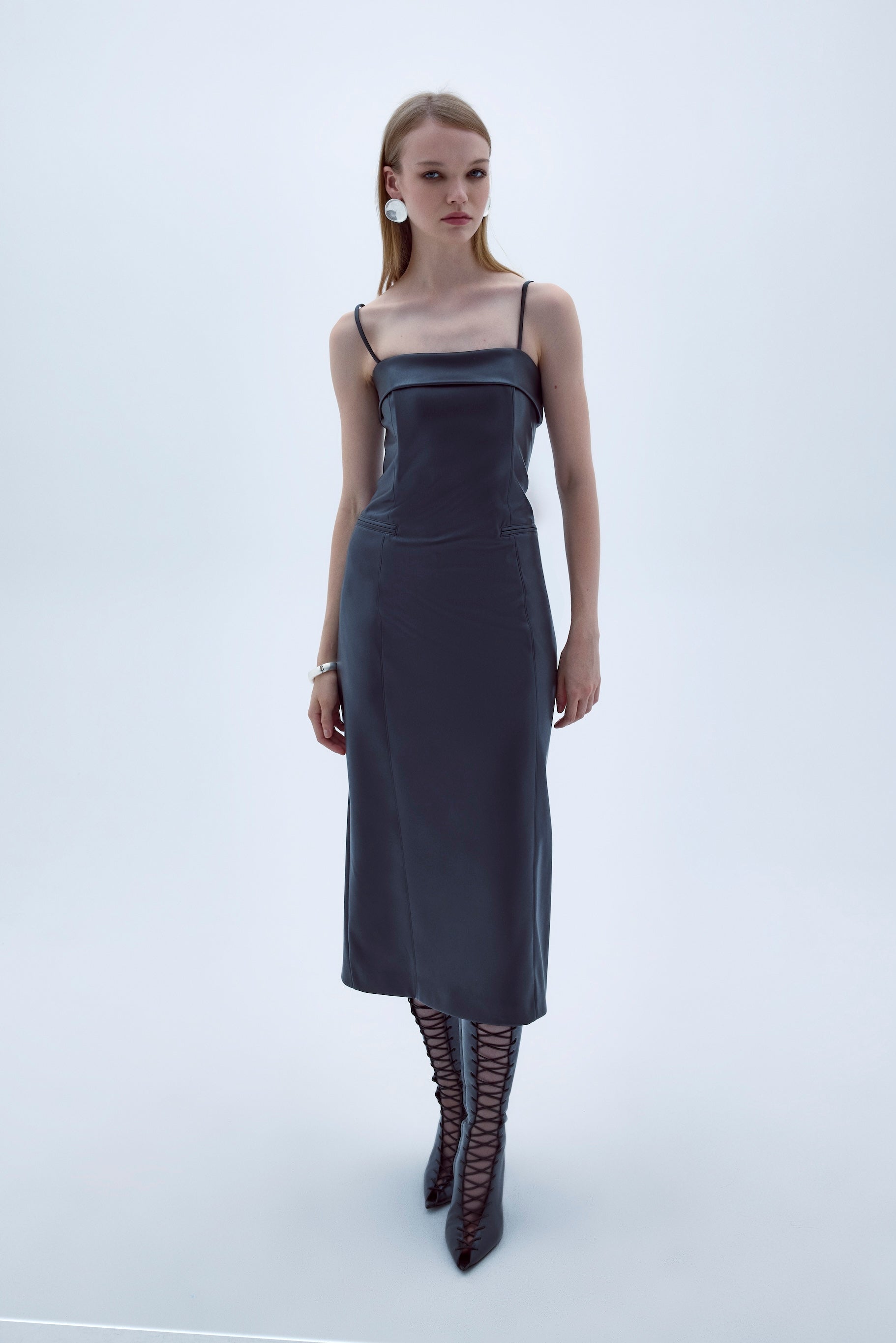 Shop Nazli Ceren Gaia Vegan Leather Midi Dress In Gunmetal Grey