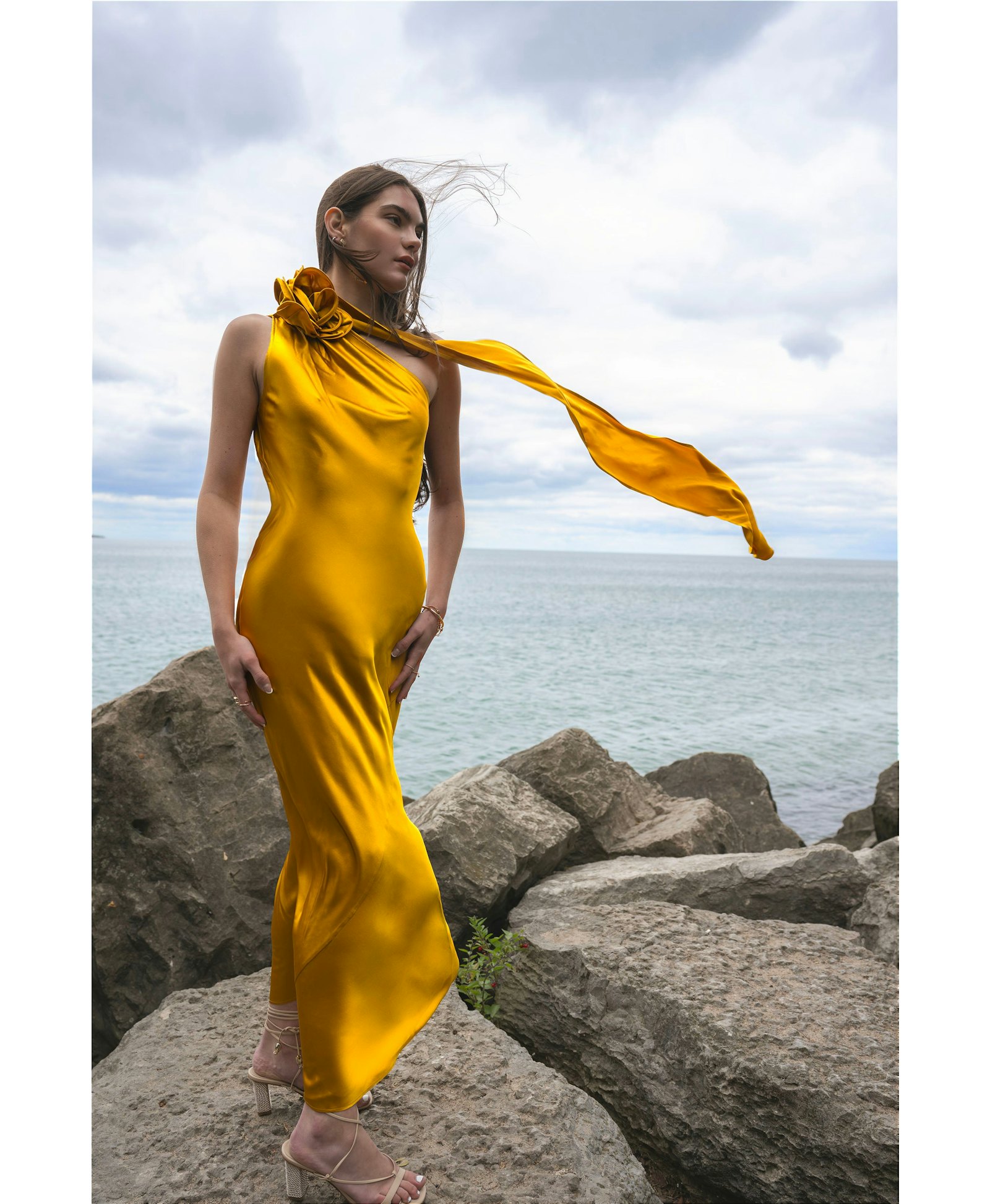 Amal Silk Slip Dress with Floral Corsage in Yellow made by Vasiliki