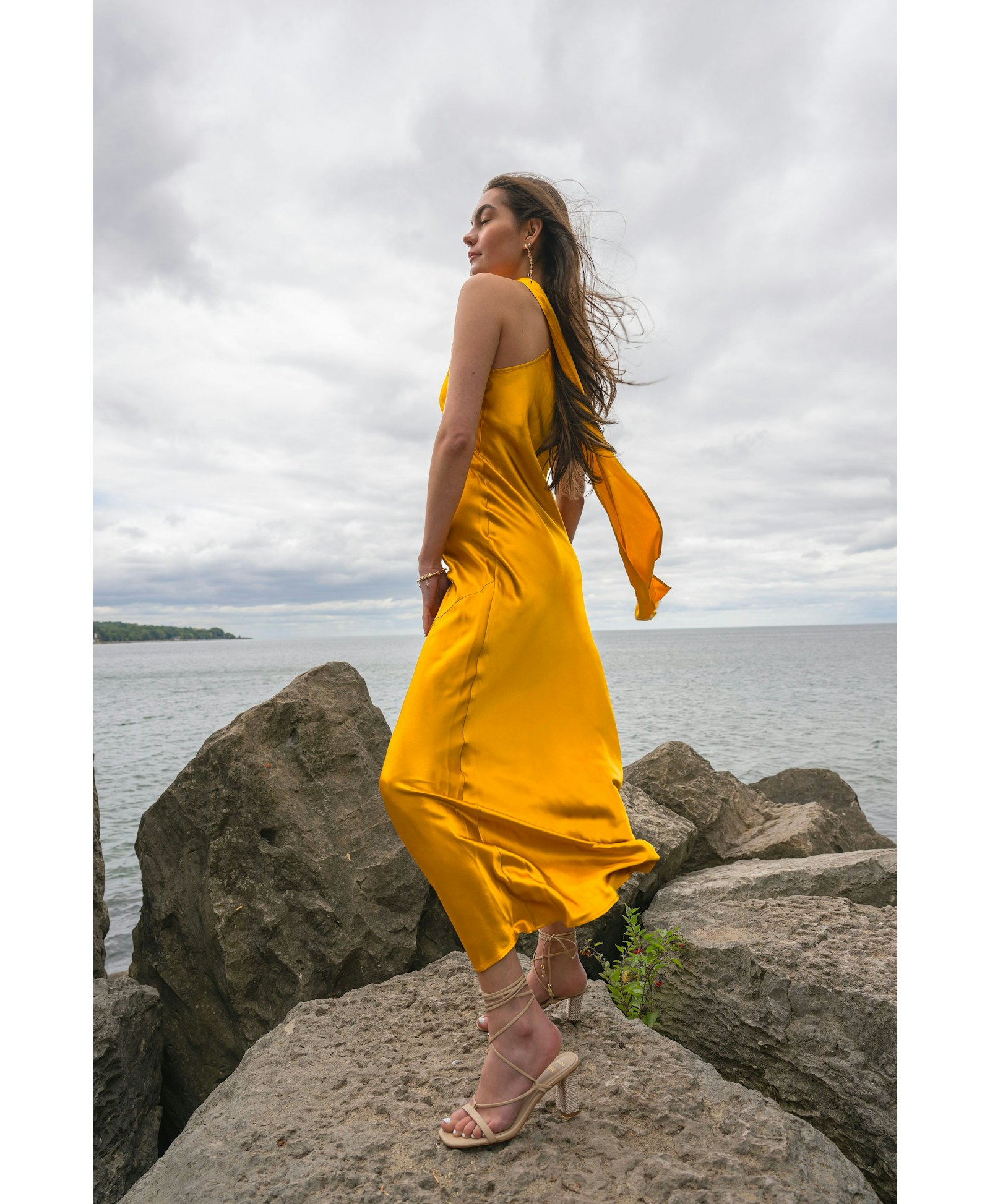 Amal Silk Slip Dress with Floral Corsage in Yellow made by Vasiliki