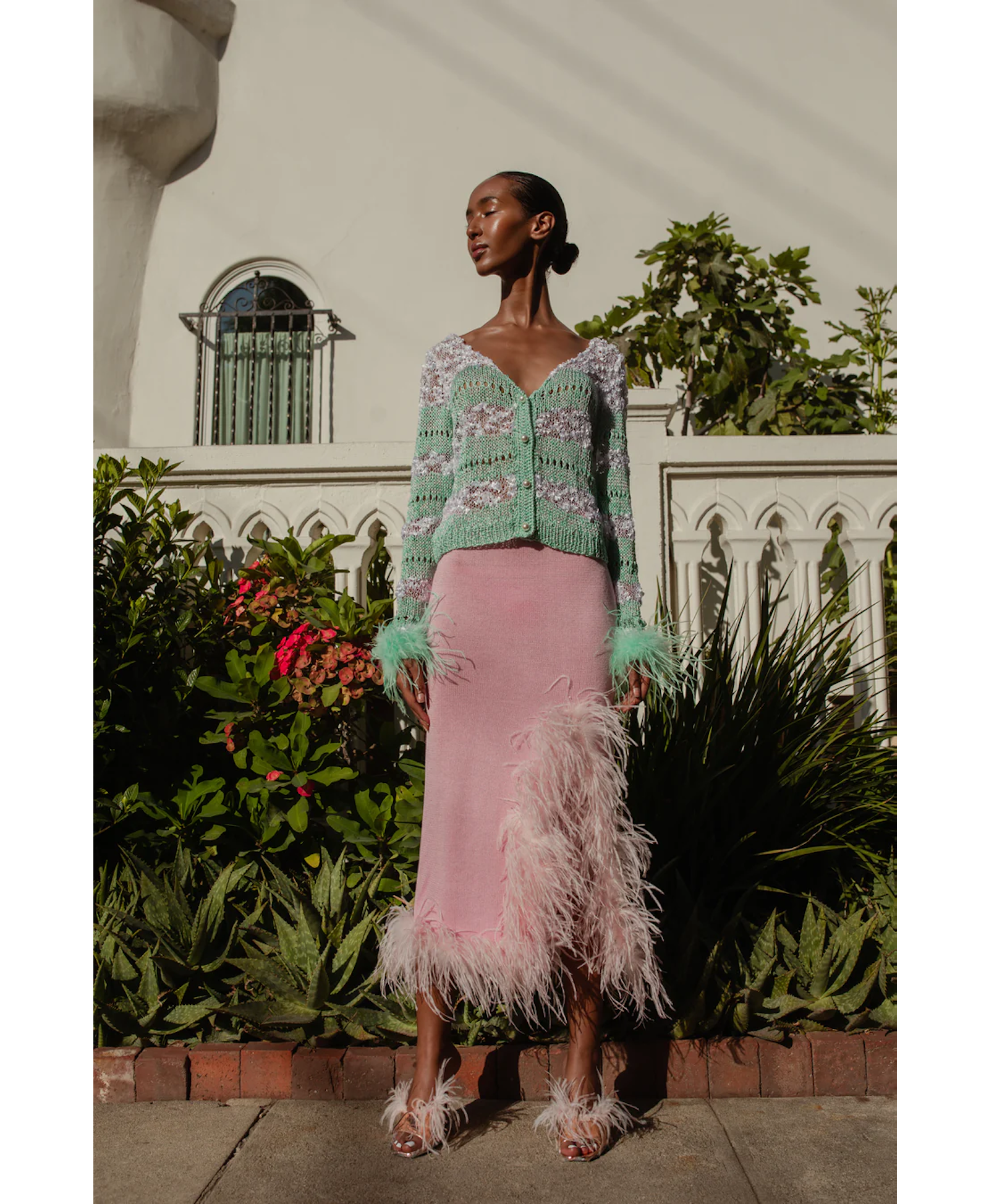 Peach Knit Skirt-Dress With Feathers made by ANDREEVA