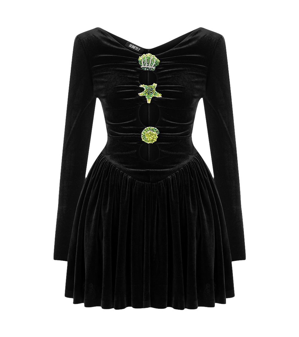Sudietuz Black Mini Velvet Dress With Openings On Center Front