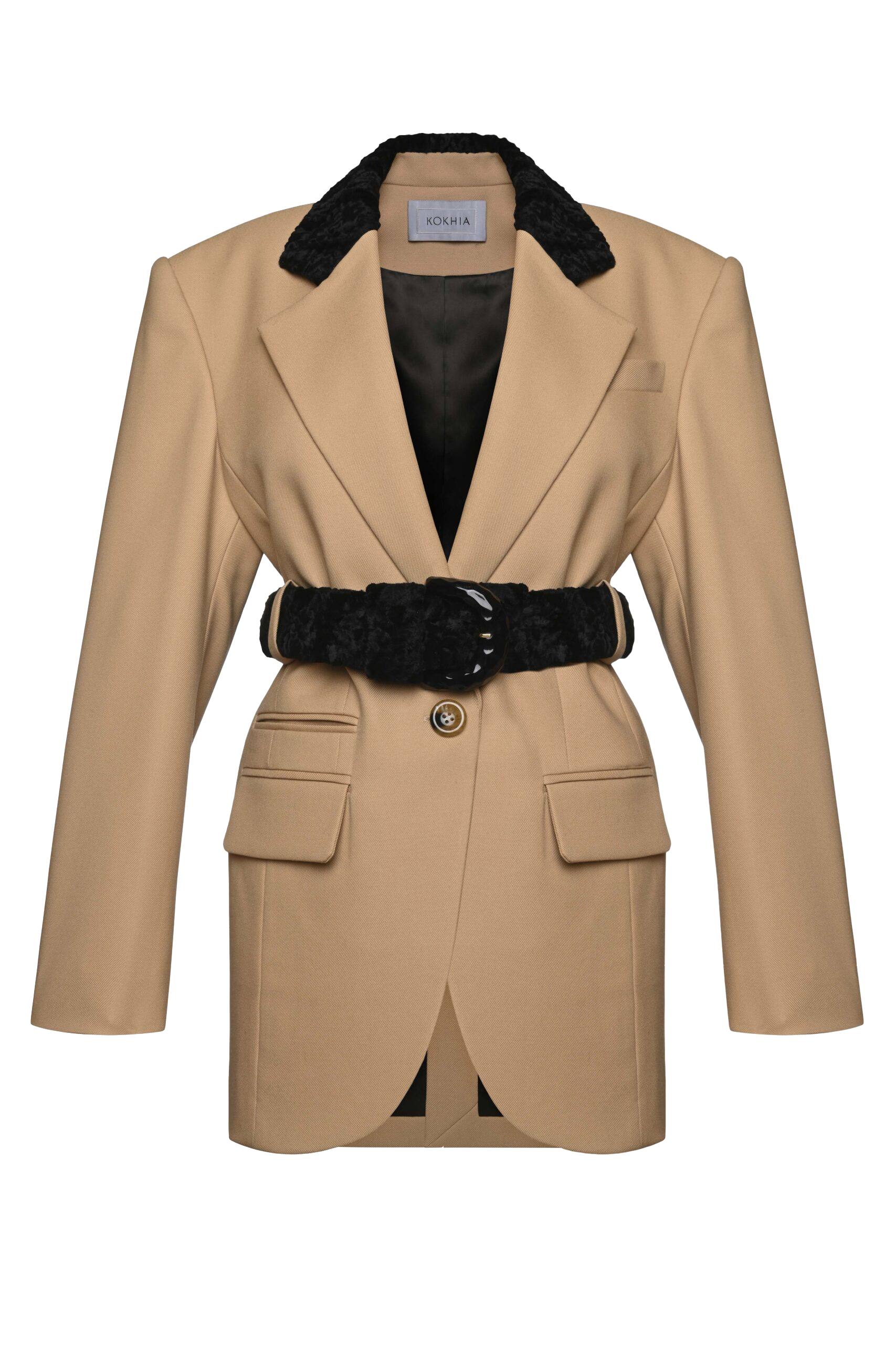 Shop Maria Kokhia Belted Blazer With Faux Fur Collar In Beige