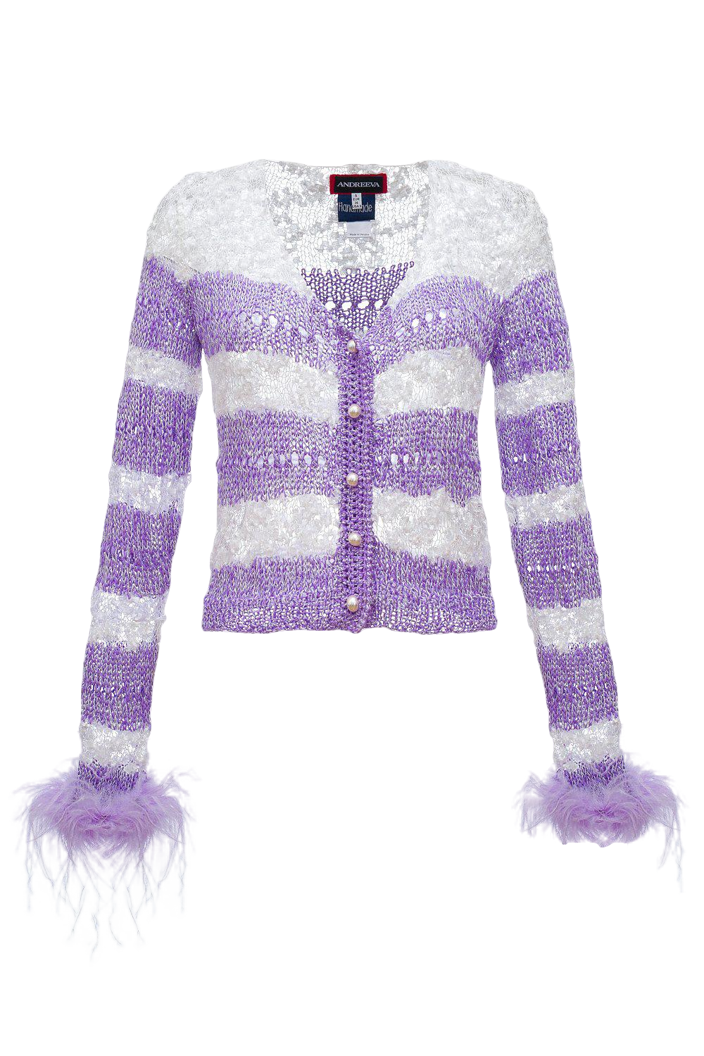Shop Andreeva Lavender Handmade Knit Sweater With Detachable Feather Details On The Cuffs And Pearl Buttons