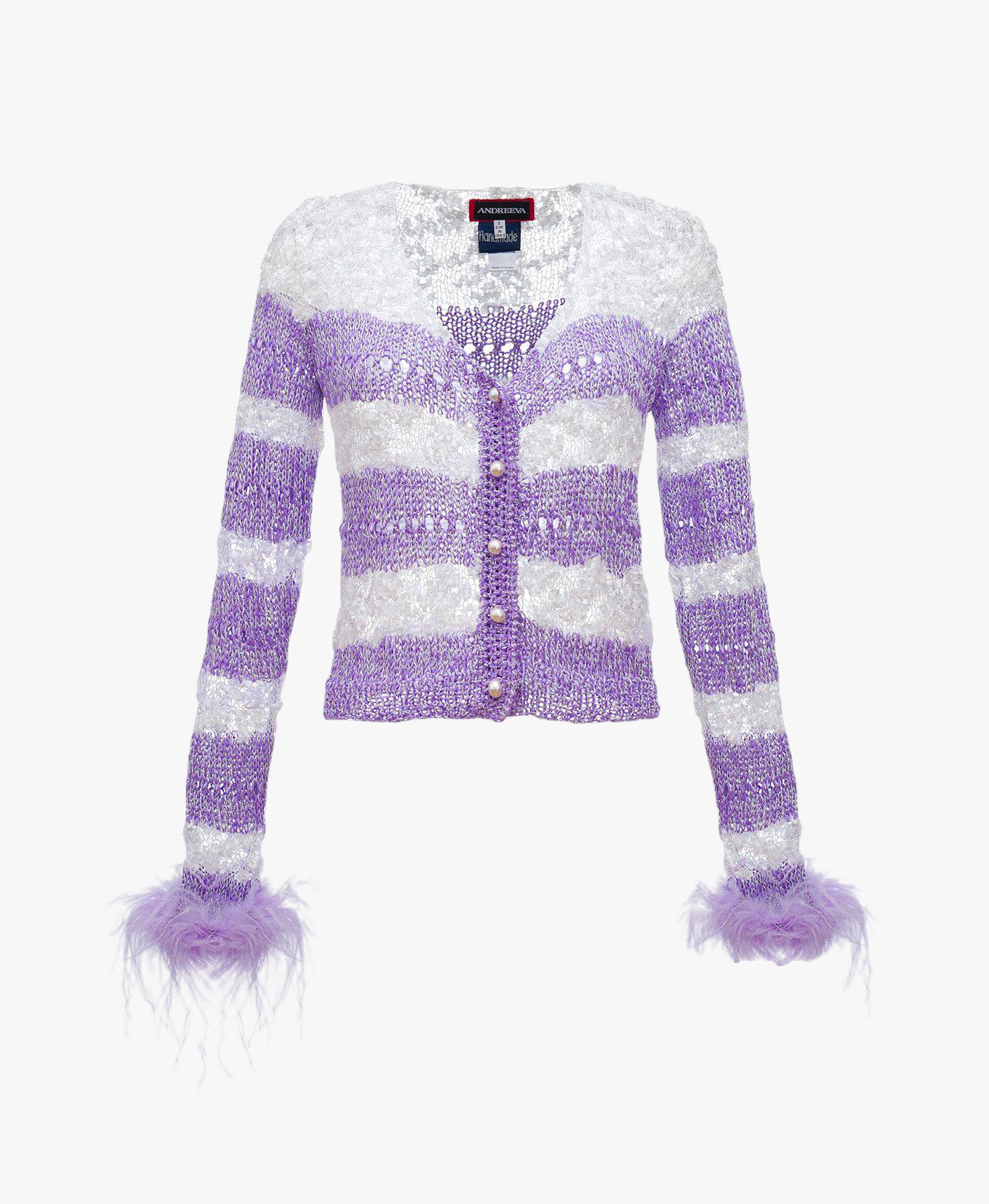 Lavender Handmade Knit Sweater With Detachable Feather Details On The Cuffs and Pearl Buttons made by ANDREEVA
