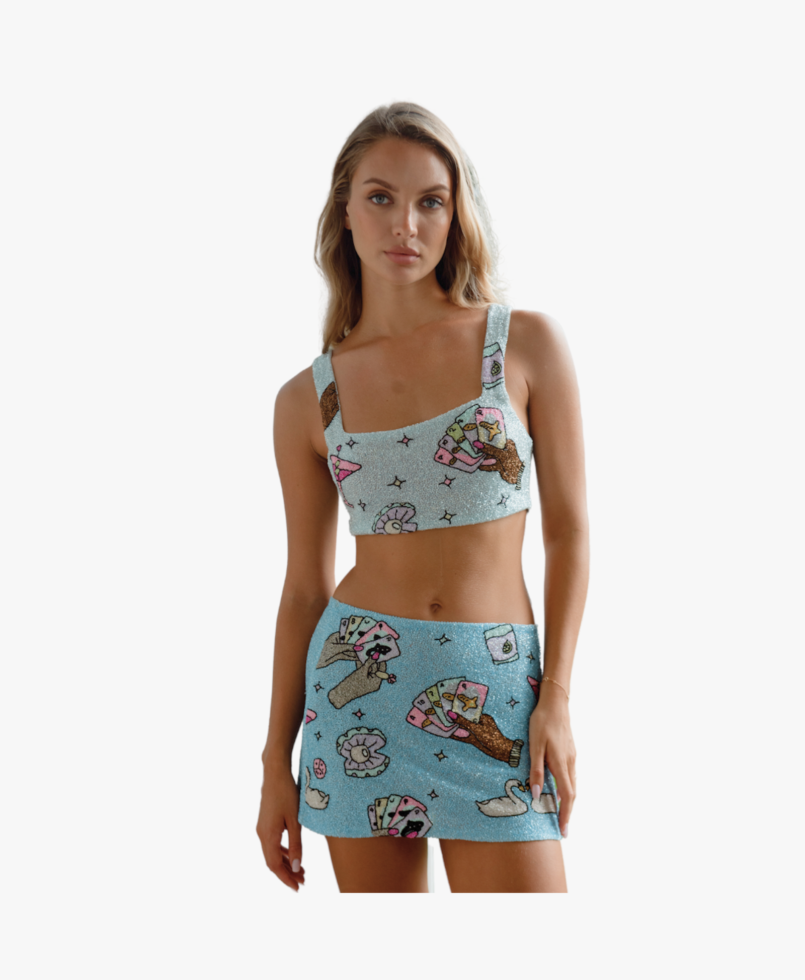 Vegas Beaded Mini Blue Party Beach Co-ord in Blue made by Oceanus Swimwear