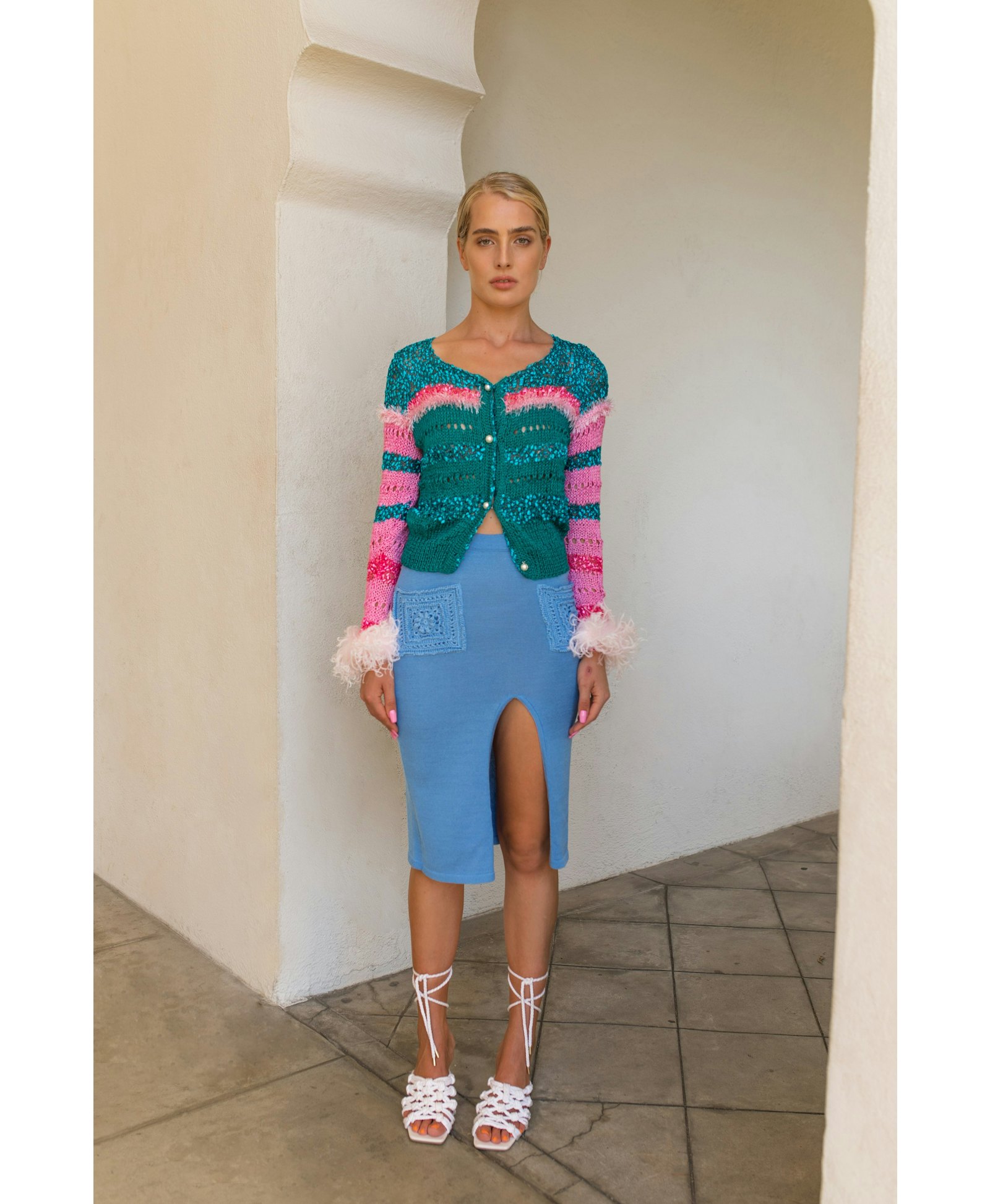 Blue knit skirt with crochet pockets made by ANDREEVA