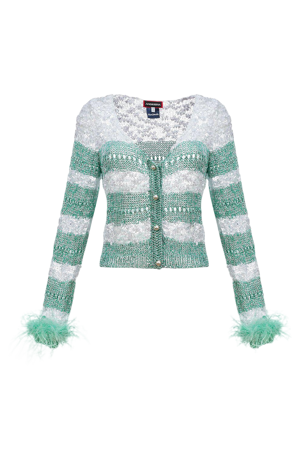 Shop Andreeva Mint Handmade Knit Sweater With Detachable Feather Details On The Cuffs And Pearl Buttons In Pink
