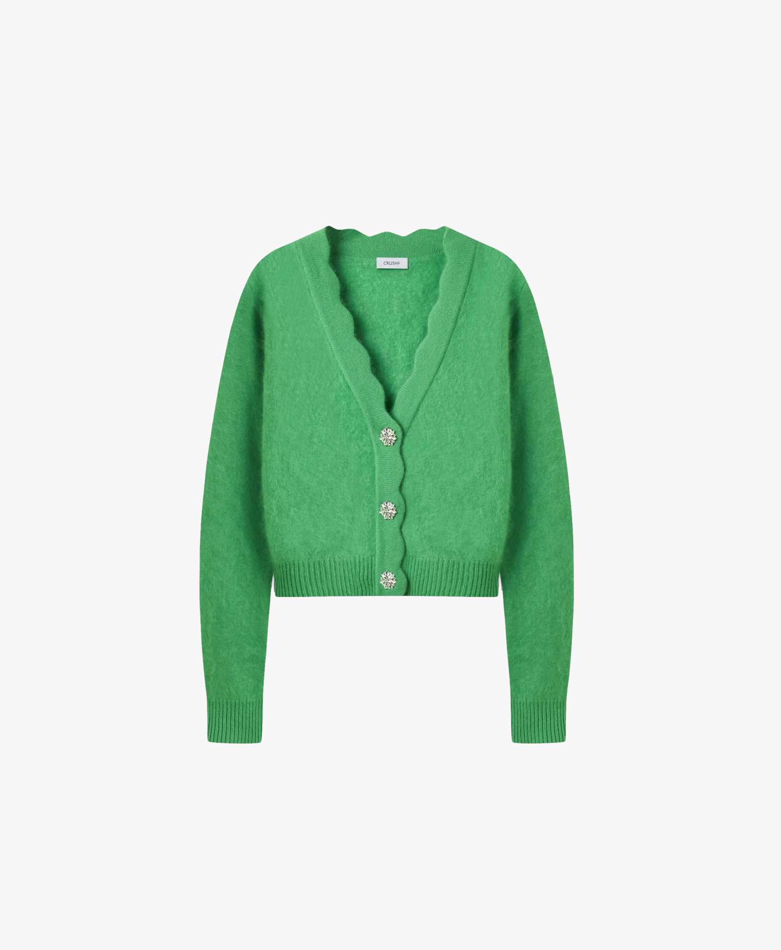 FLUFFY CASHMERE SCALLOPED V-NECK CARDIGAN in Green made by CRUSH Collection