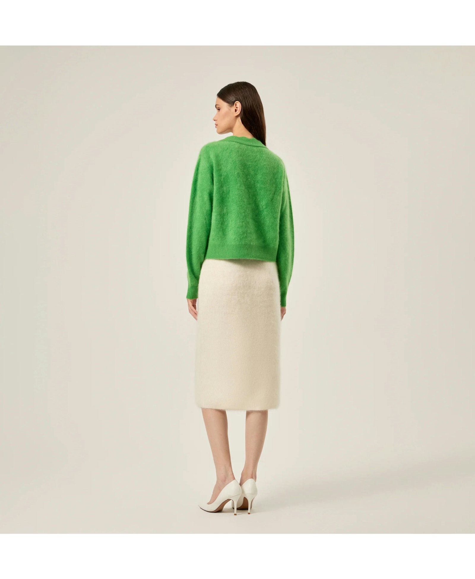 FLUFFY CASHMERE SCALLOPED V-NECK CARDIGAN in Green made by CRUSH Collection