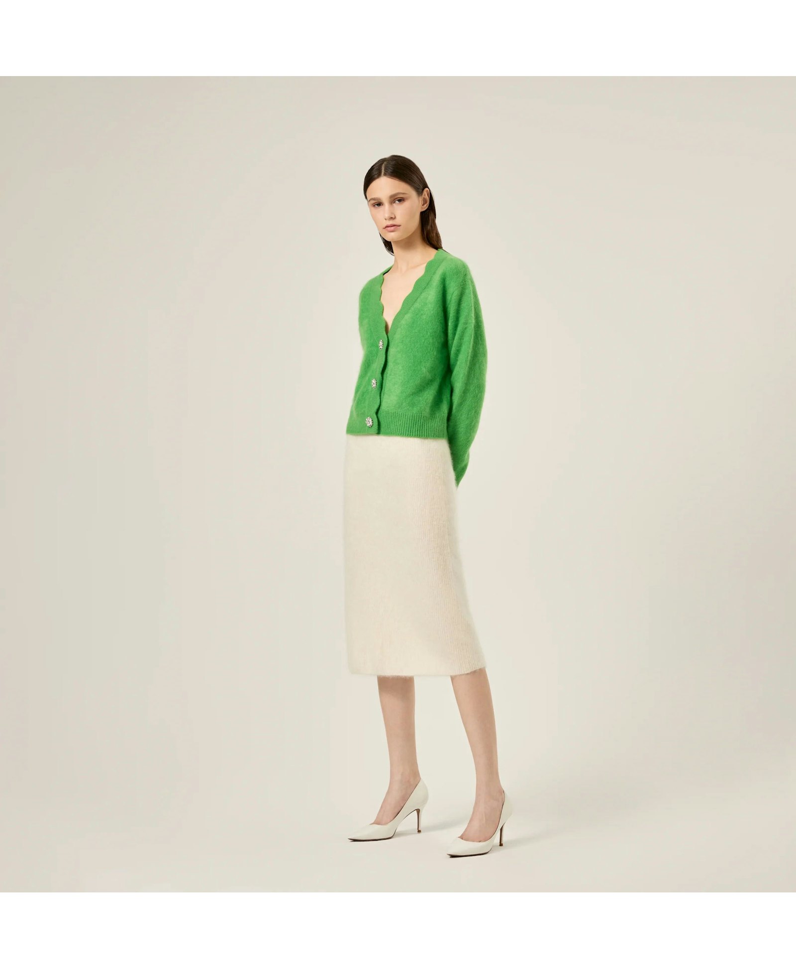 FLUFFY CASHMERE SCALLOPED V-NECK CARDIGAN in Green made by CRUSH Collection