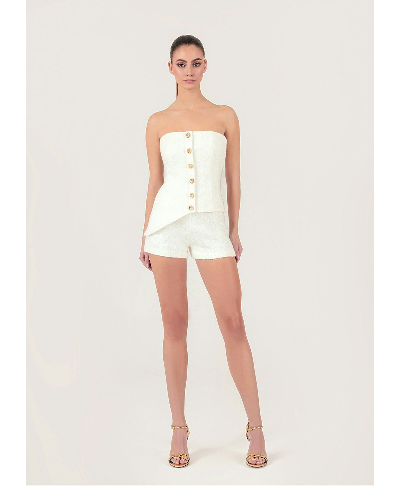 Gold thread-embroidered tweed shorts made by Monika Dimova