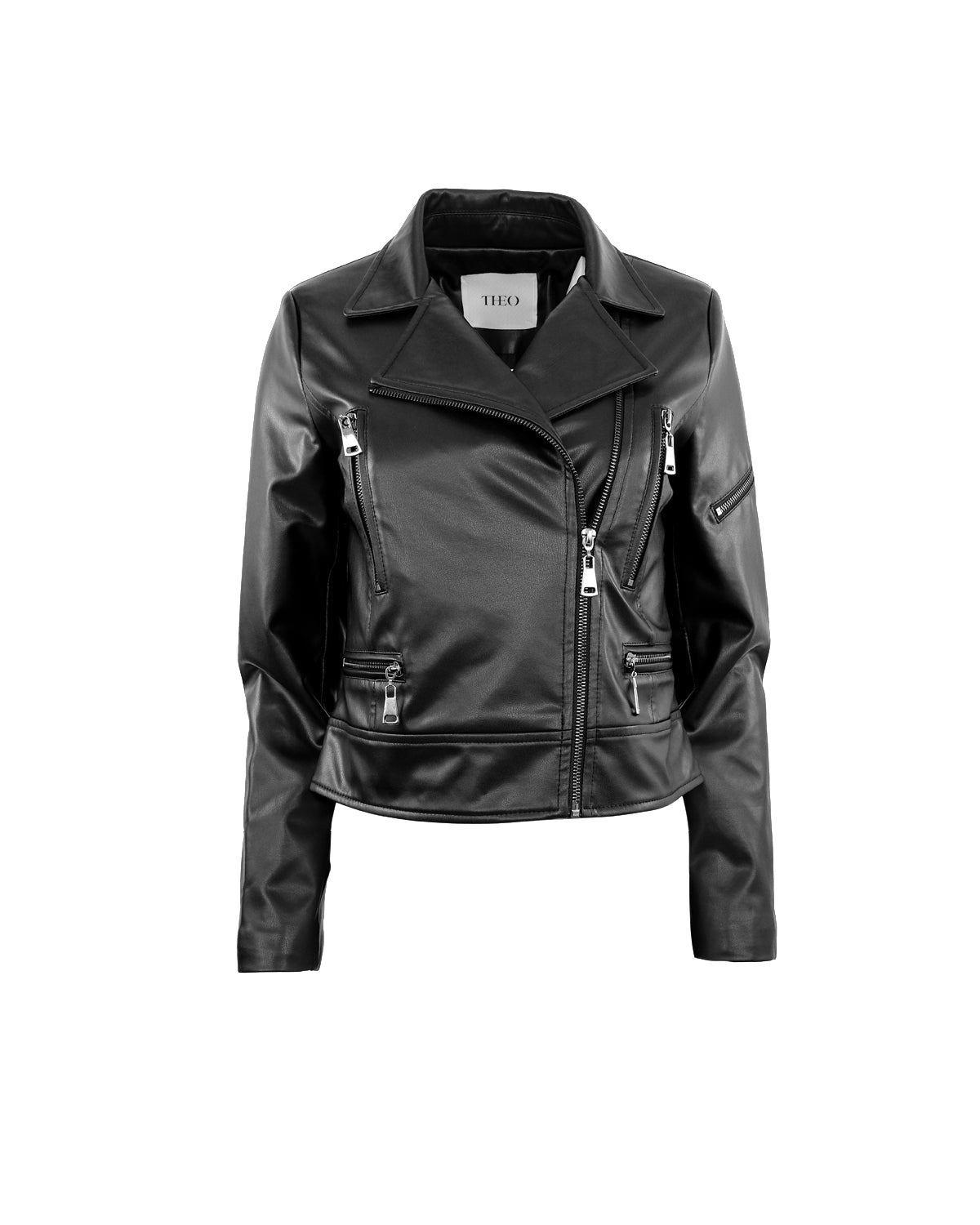 Shop Theo The Label Hera Vegan Leather Biker Jacket In Black