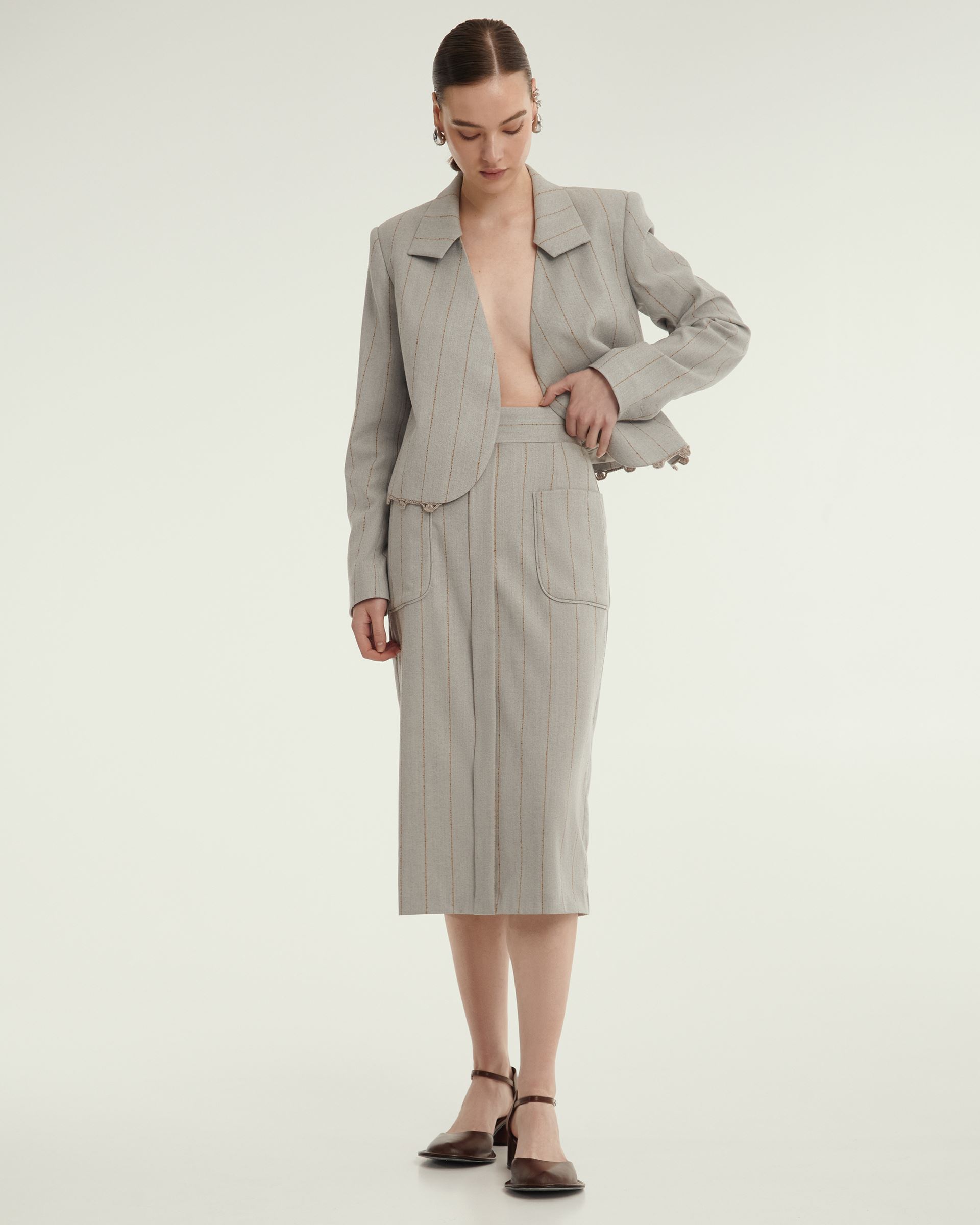 Shop Malva Florea Midi Skirt In Striped Print In Grey