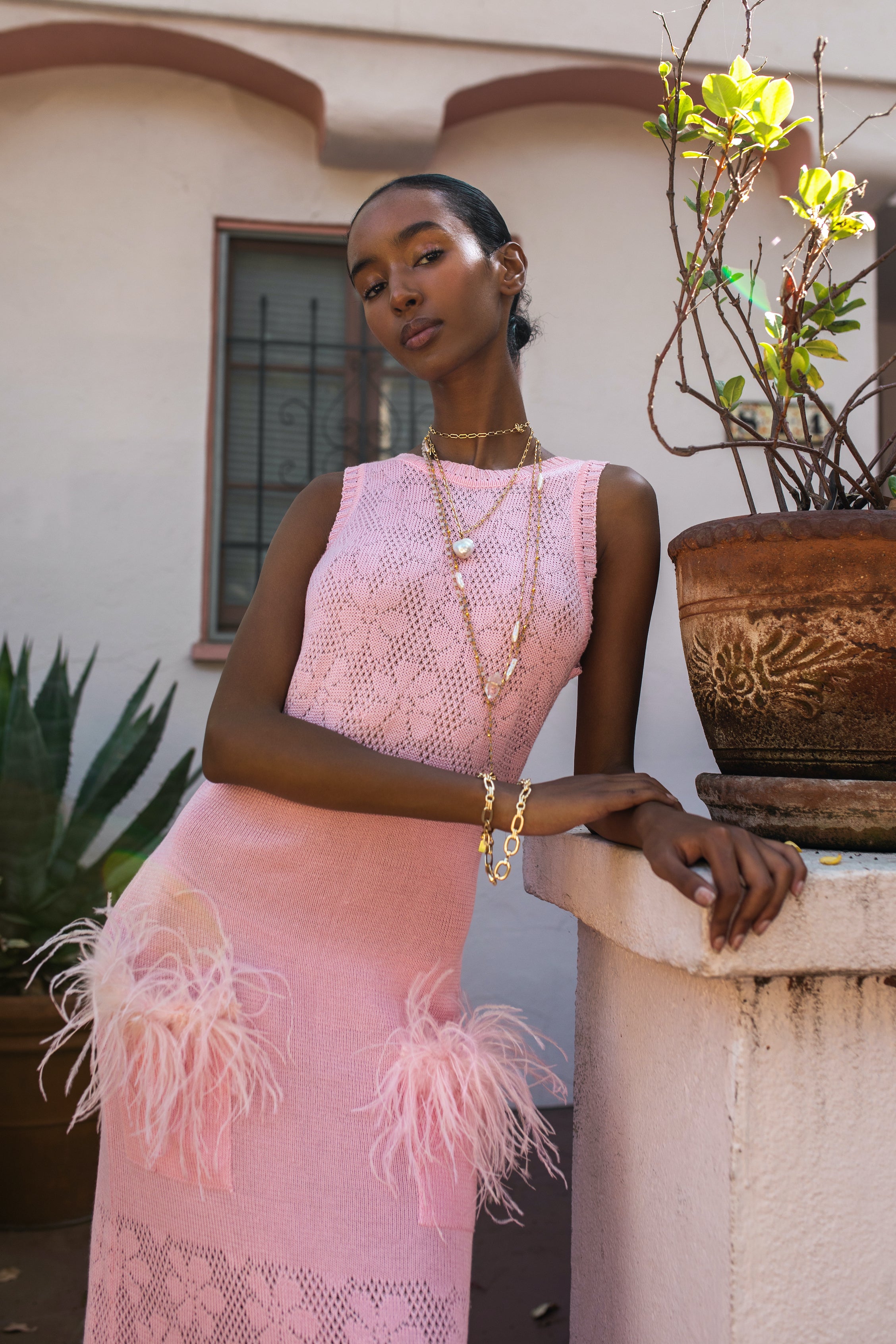 Shop Andreeva Pink Rose Knit Dress With Feathers