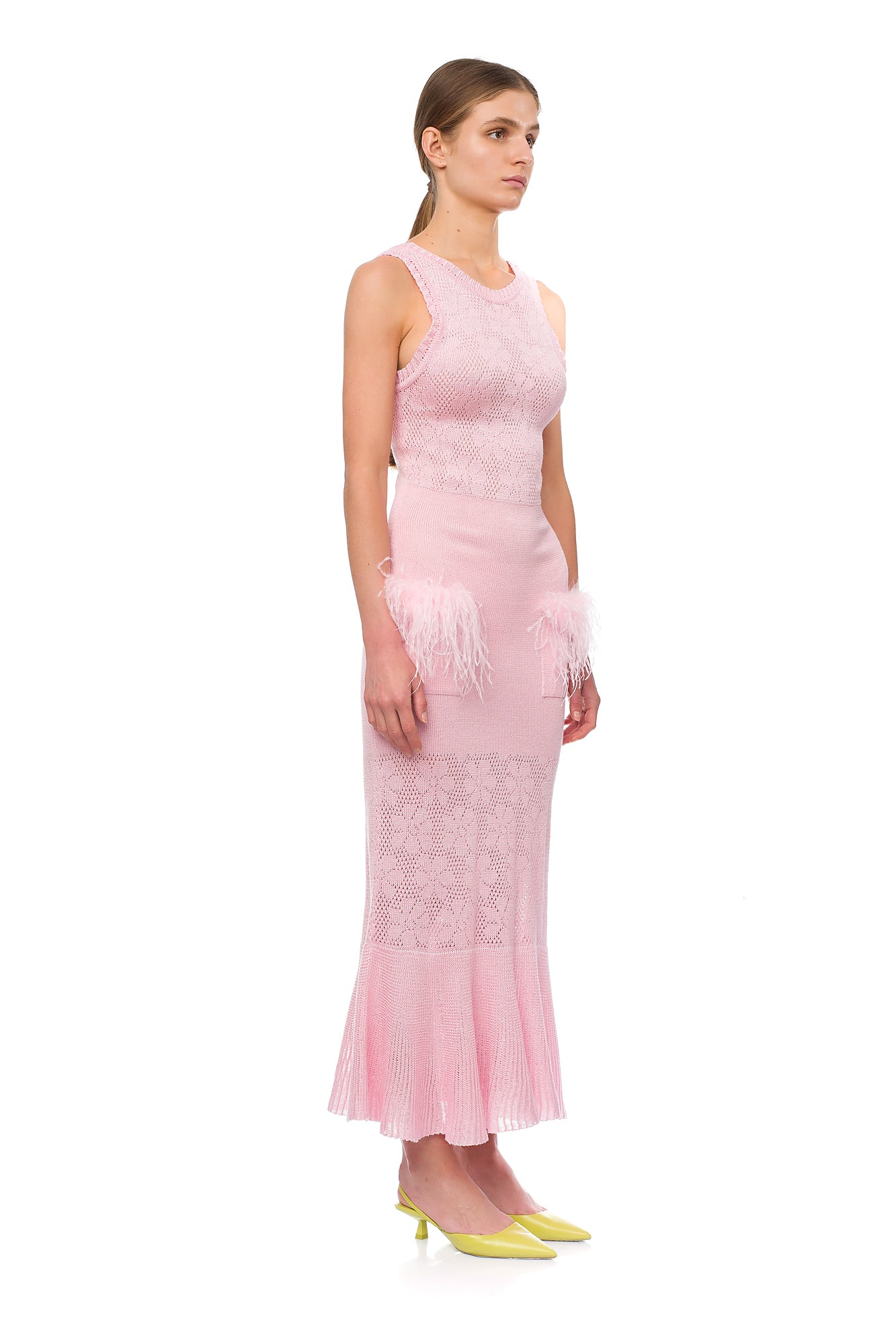 Shop Andreeva Pink Rose Knit Dress With Feathers