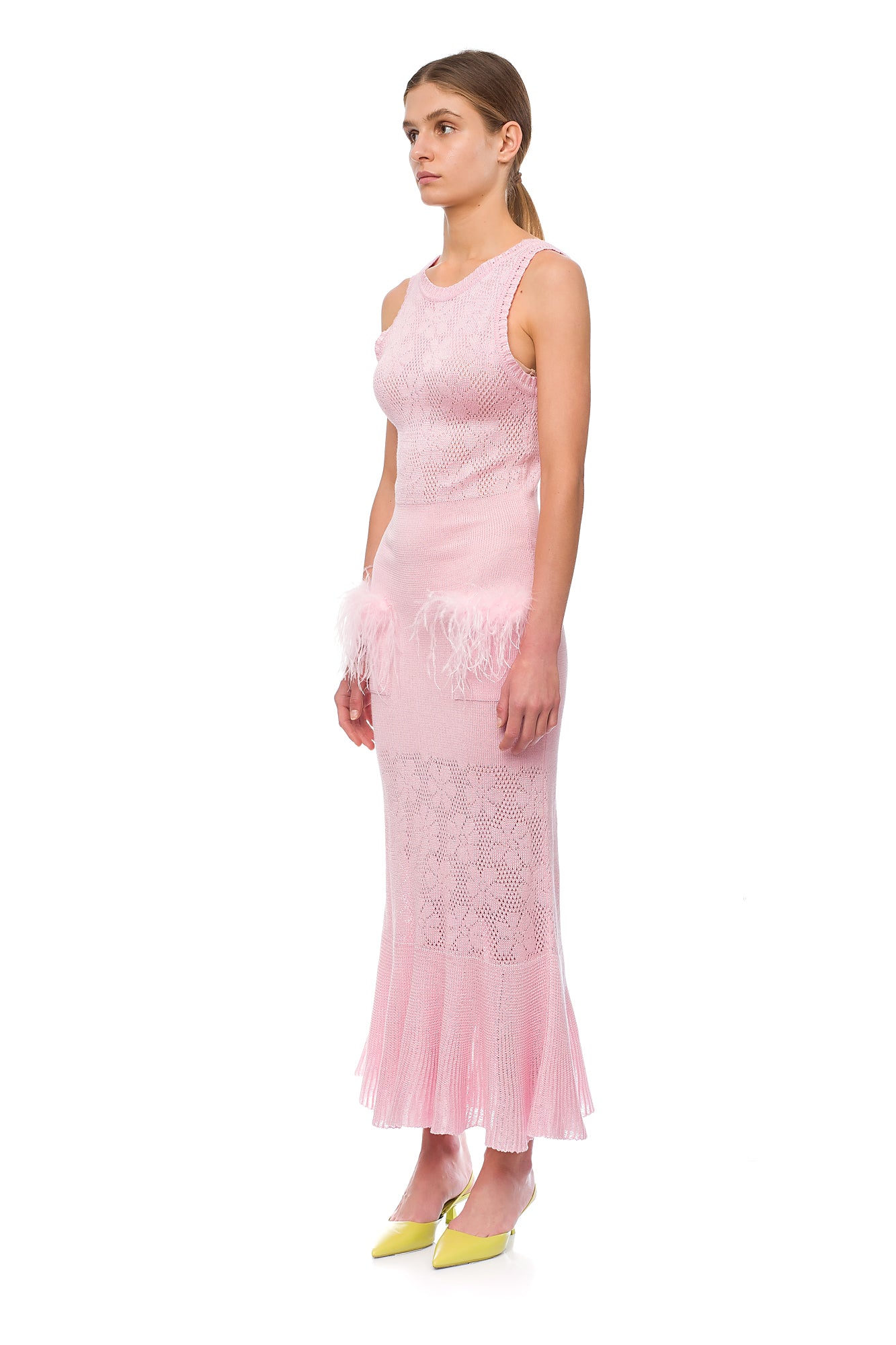 Shop Andreeva Pink Rose Knit Dress With Feathers