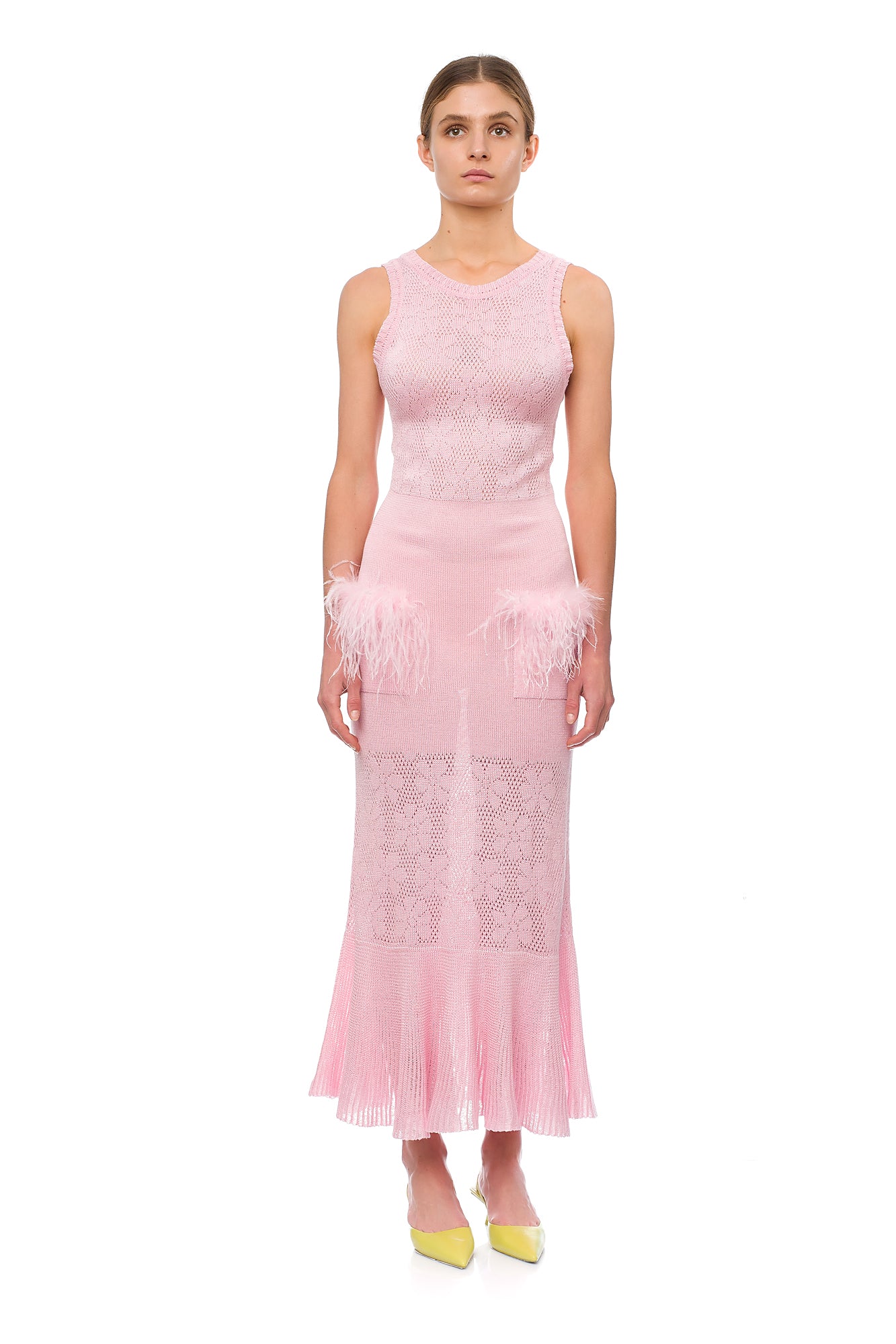 Shop Andreeva Pink Rose Knit Dress With Feathers