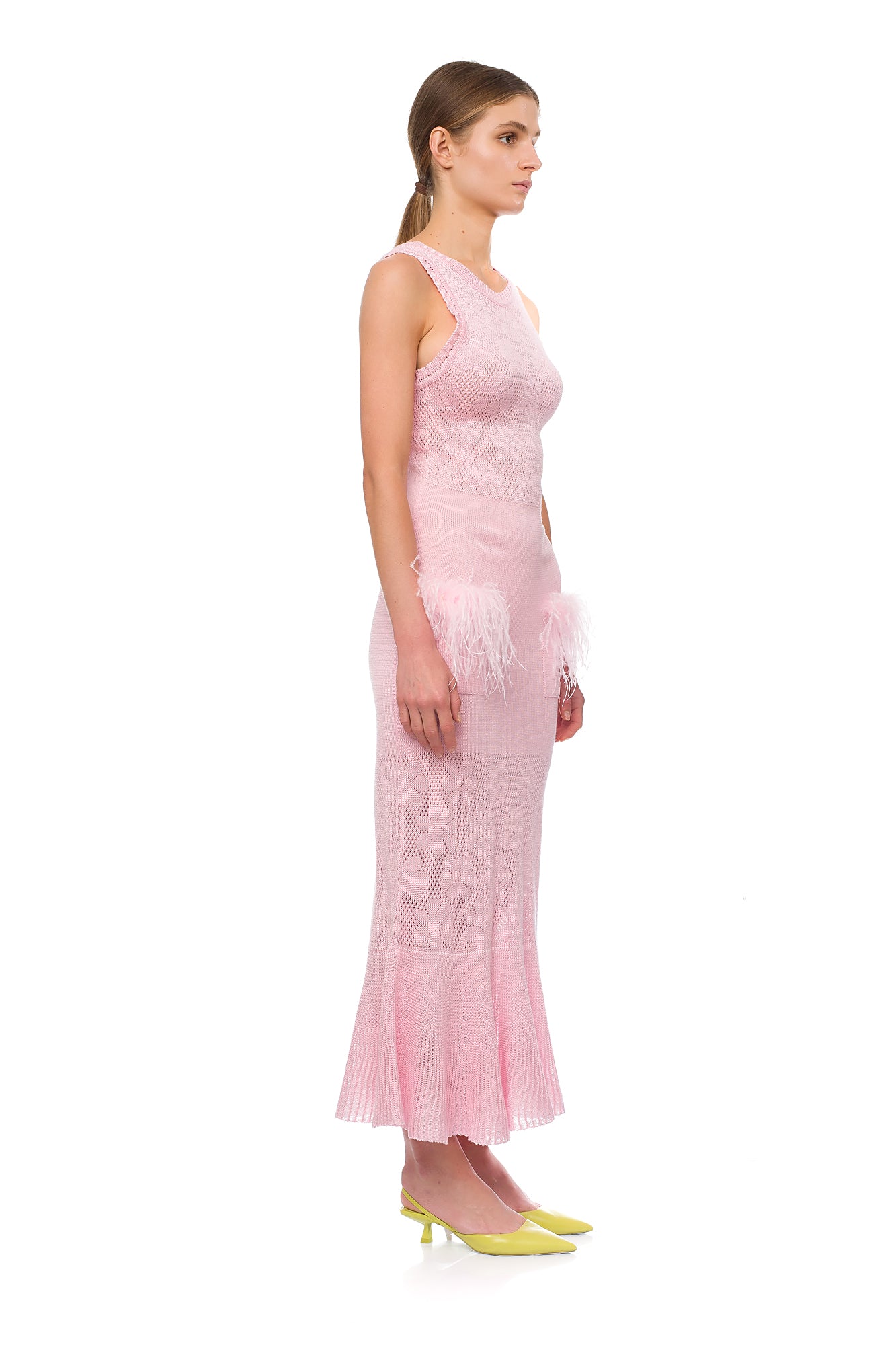 Shop Andreeva Pink Rose Knit Dress With Feathers