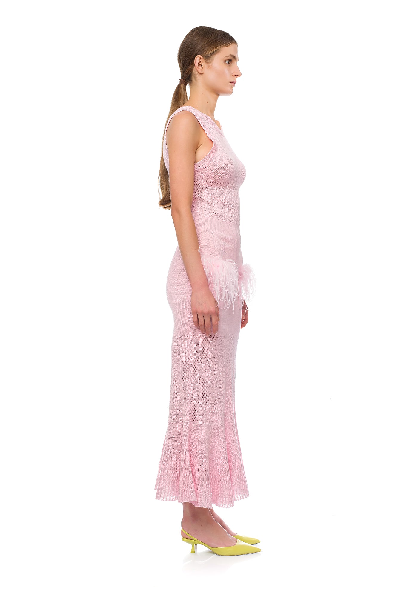 Shop Andreeva Pink Rose Knit Dress With Feathers