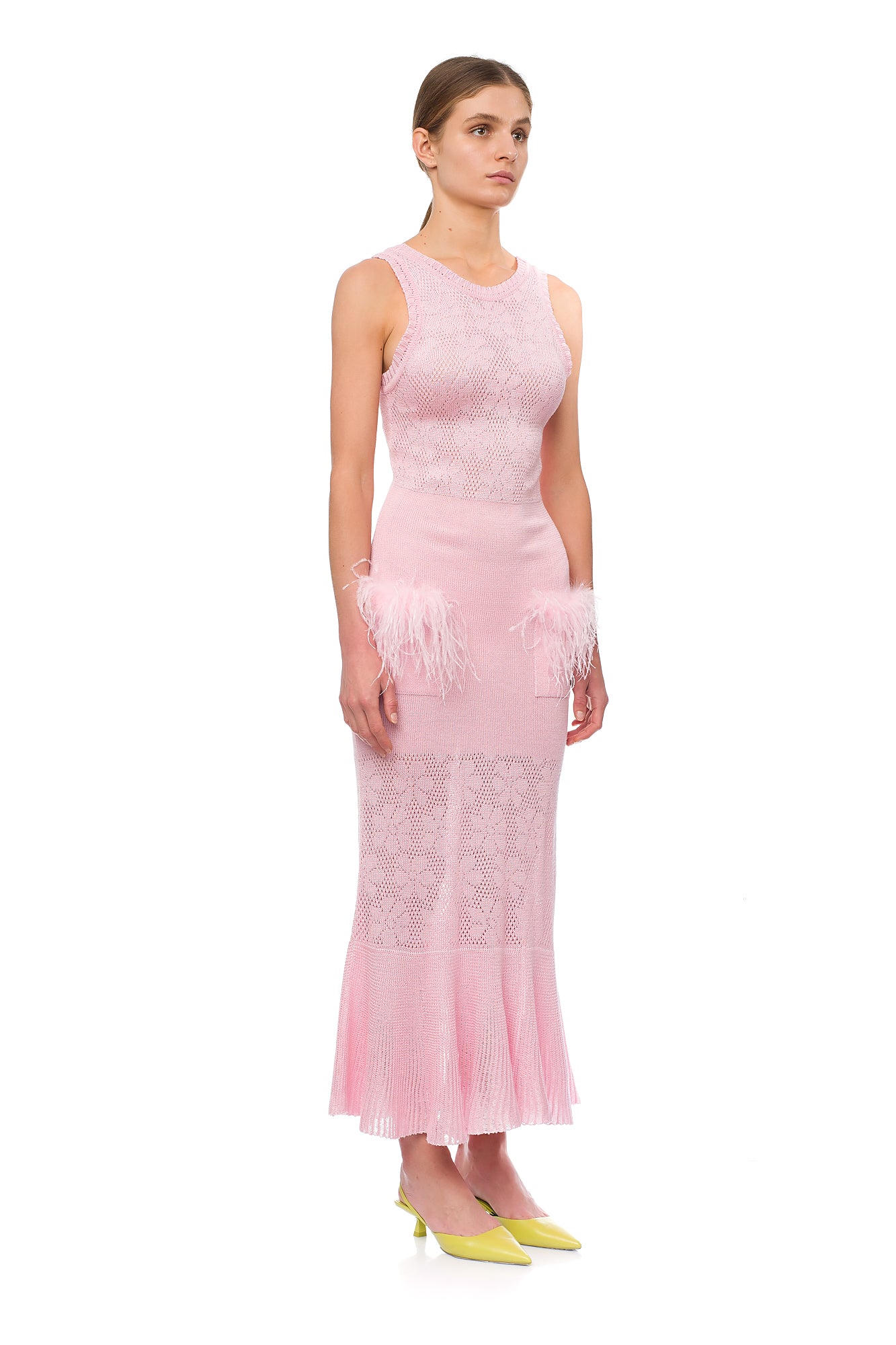 Shop Andreeva Pink Rose Knit Dress With Feathers