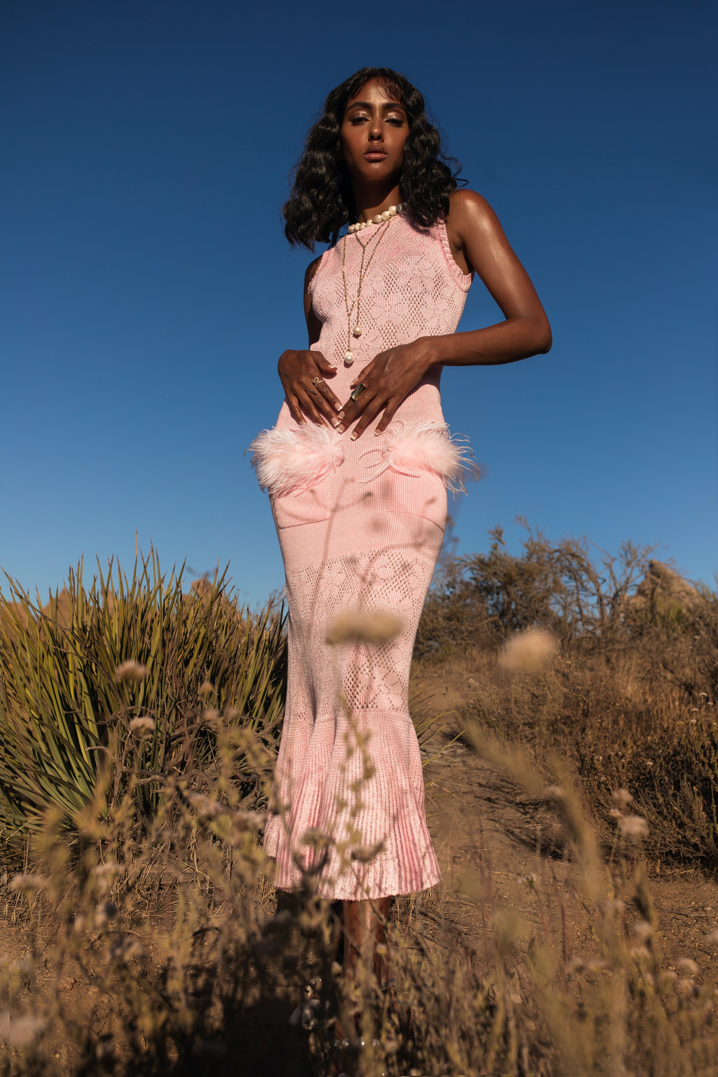 Shop Andreeva Pink Rose Knit Dress With Feathers