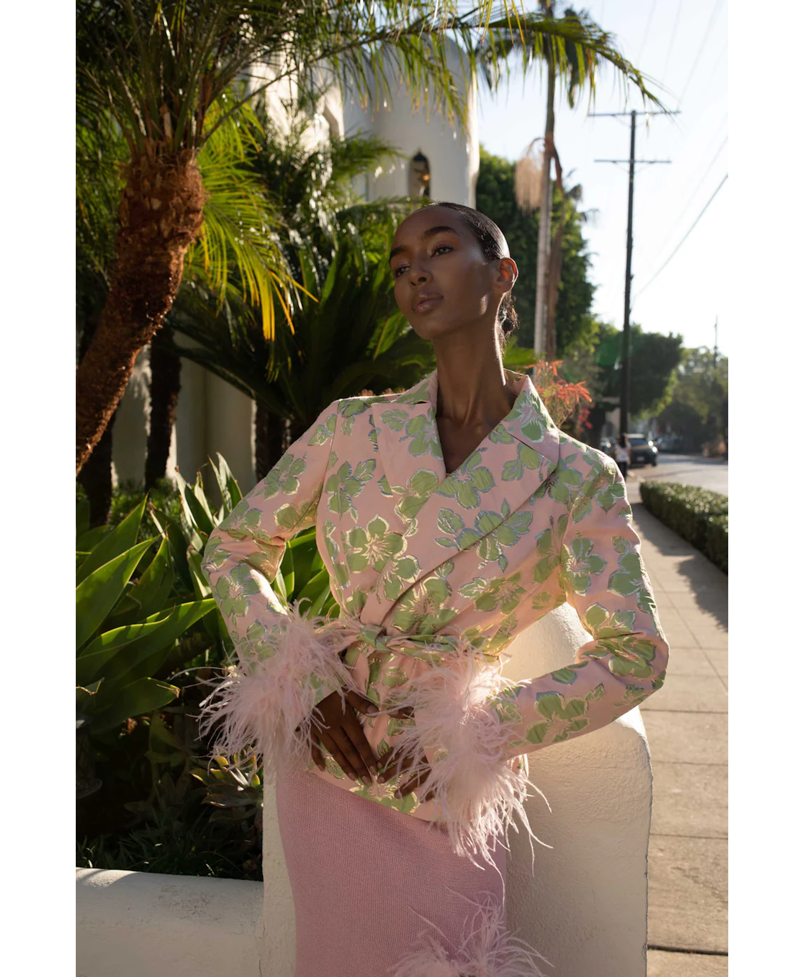 Pink Jacquard Jacket №19 with detachable feather cuffs made by ANDREEVA