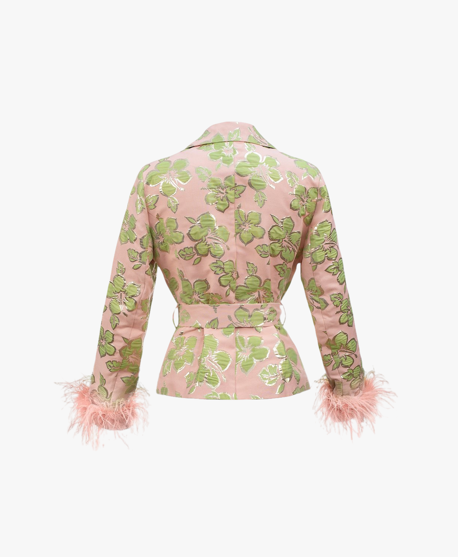 Pink Jacquard Jacket №19 with detachable feather cuffs made by ANDREEVA