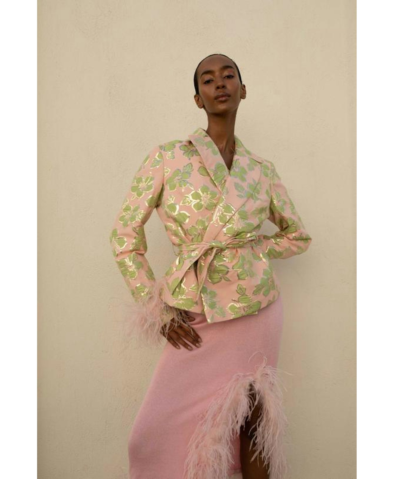 Pink Jacquard Jacket №19 with detachable feather cuffs made by ANDREEVA