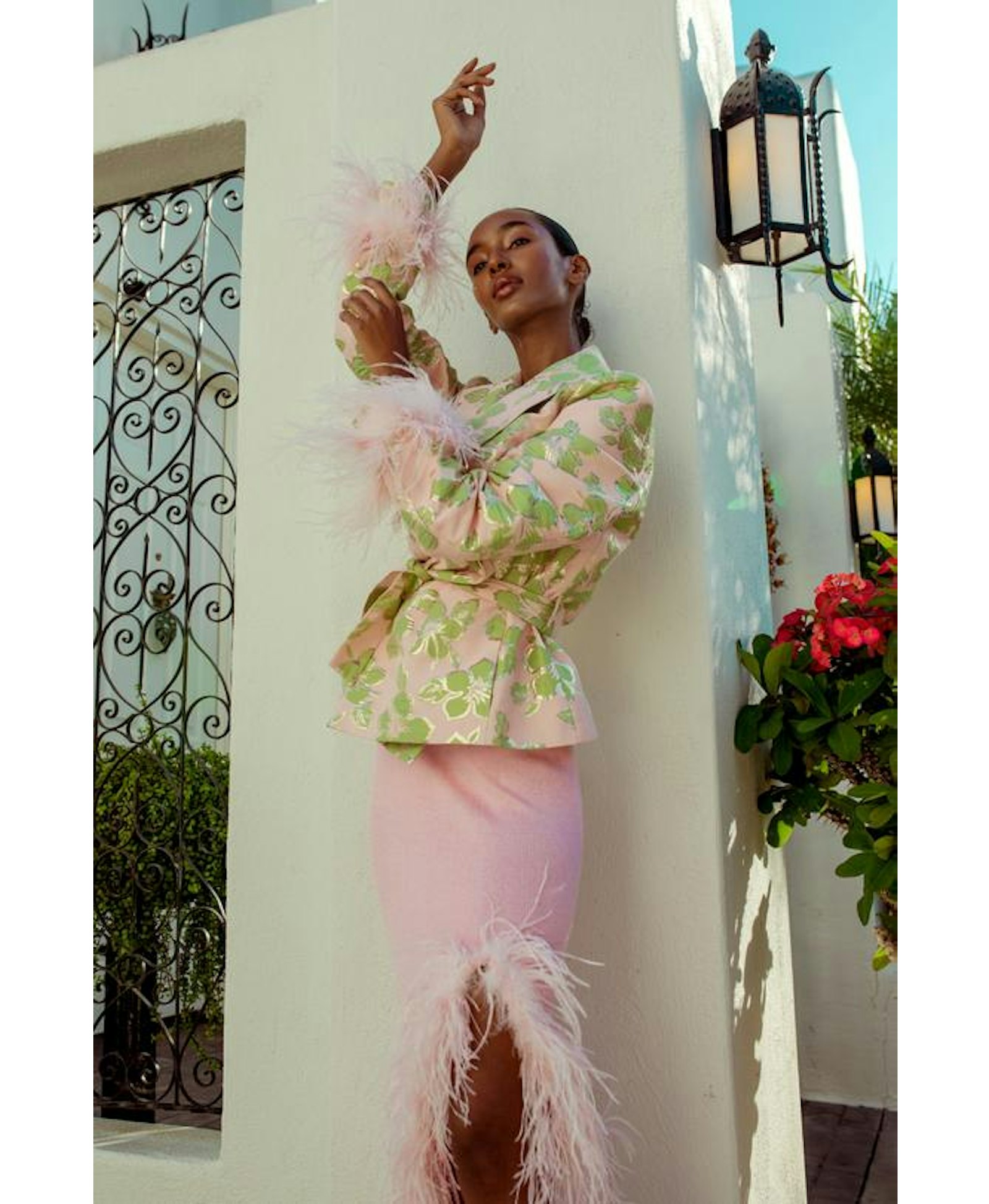 Pink Jacquard Jacket №19 with detachable feather cuffs made by ANDREEVA