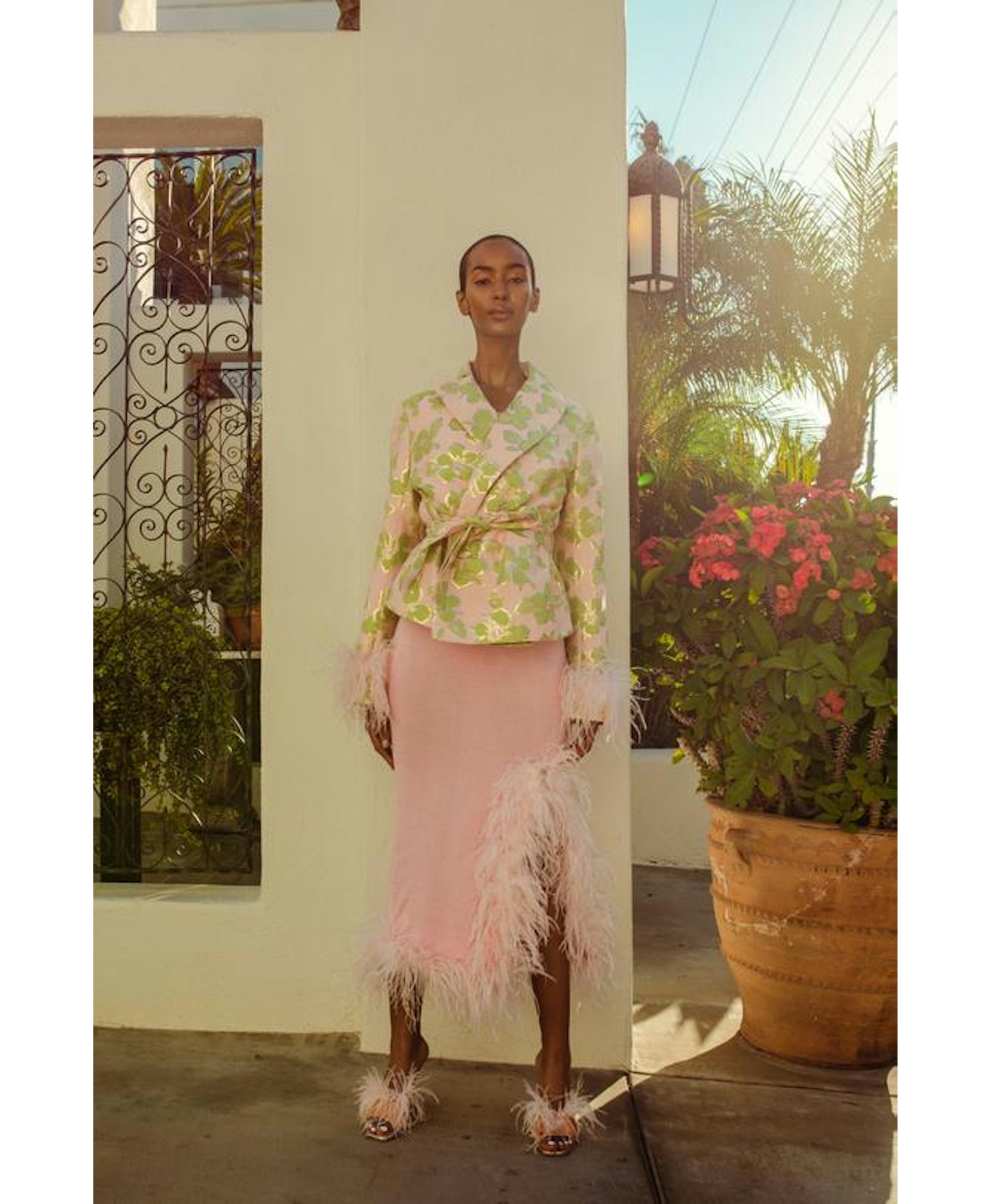 Pink Jacquard Jacket №19 with detachable feather cuffs made by ANDREEVA