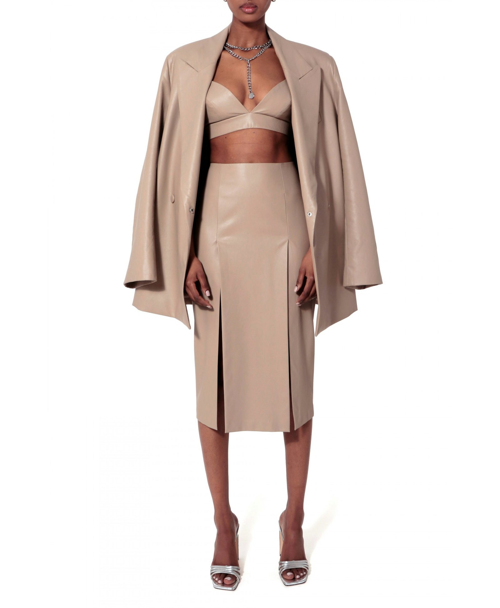 Salma Cool Beige Vegan Leather Skirt made by HALEWSKI