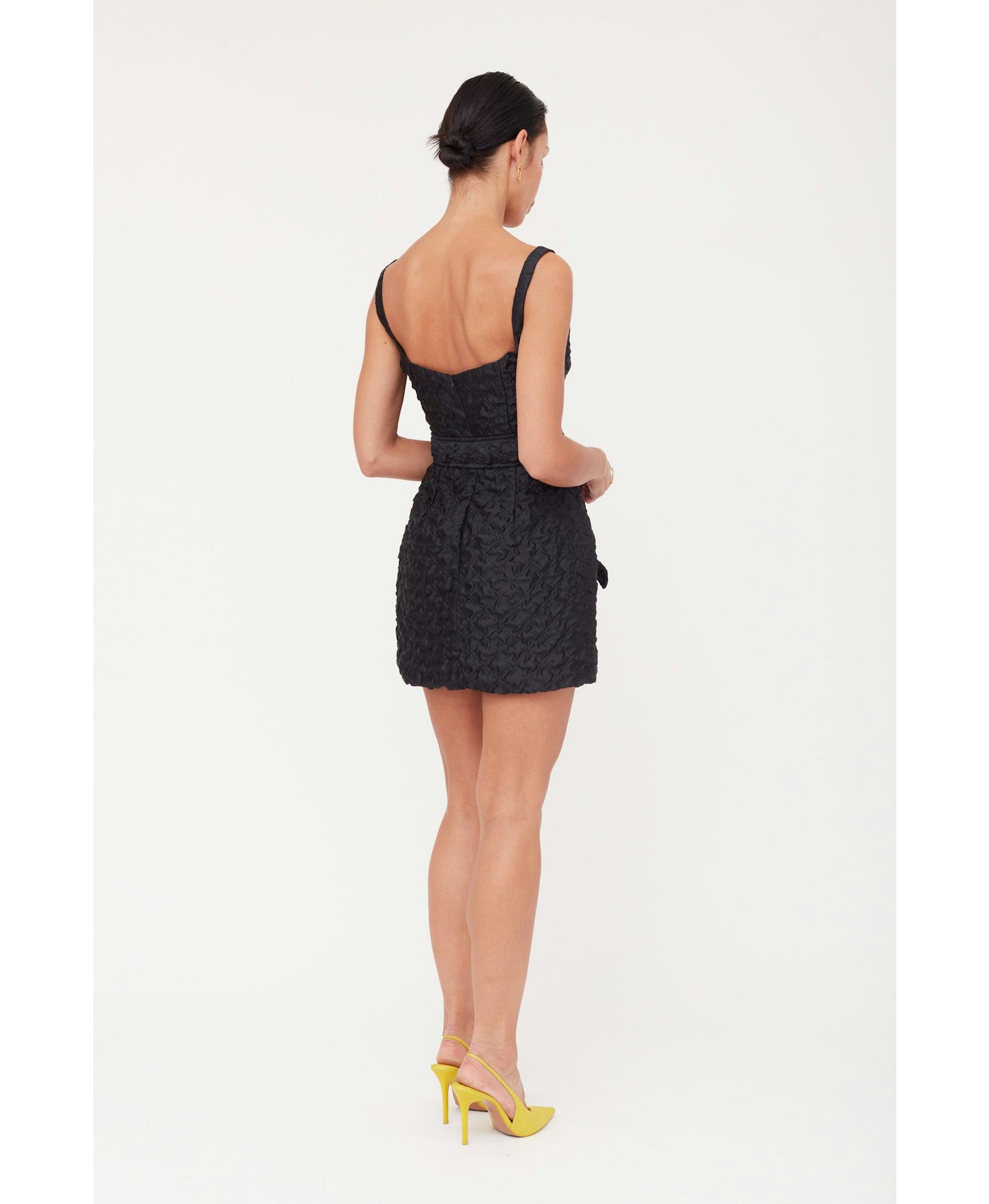 GOLDA Black Textured Fabric Mini Dress With Bow Belt made by UNDRESS