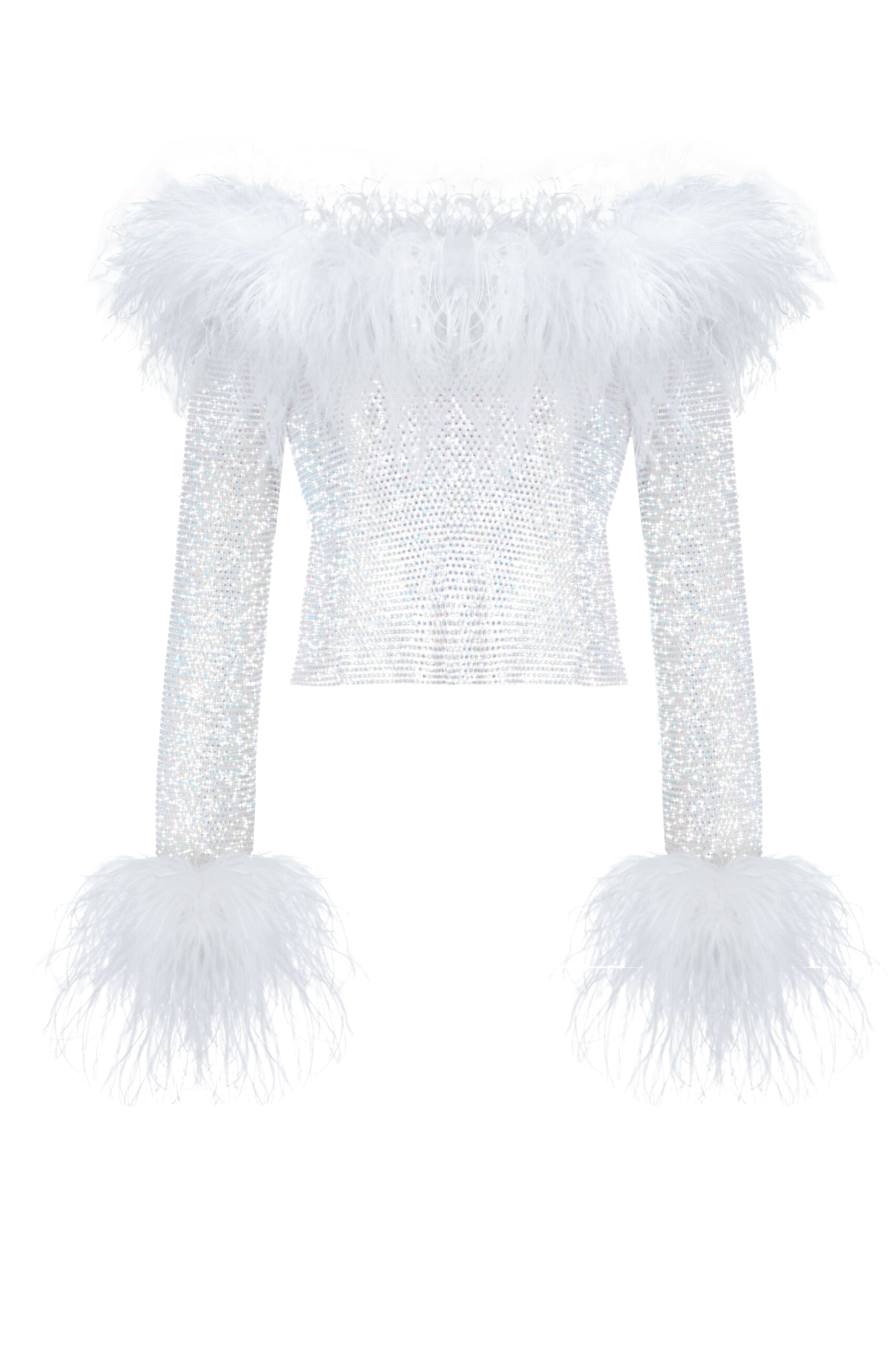 Santa Brands Sparkle White Feathers Top W Open Shoulders