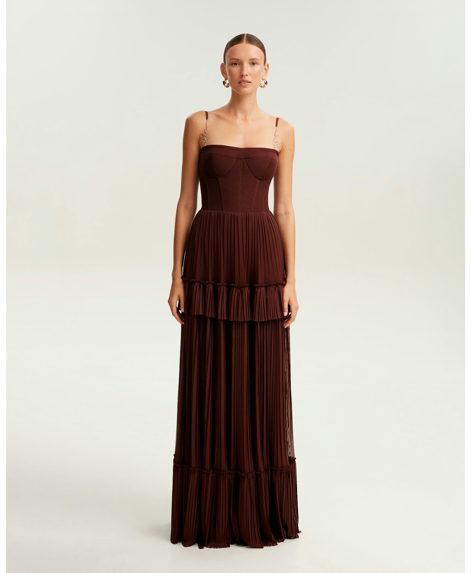 Chocolate spaghetti strap pleated maxi dress, Garden of Eden made by Milla