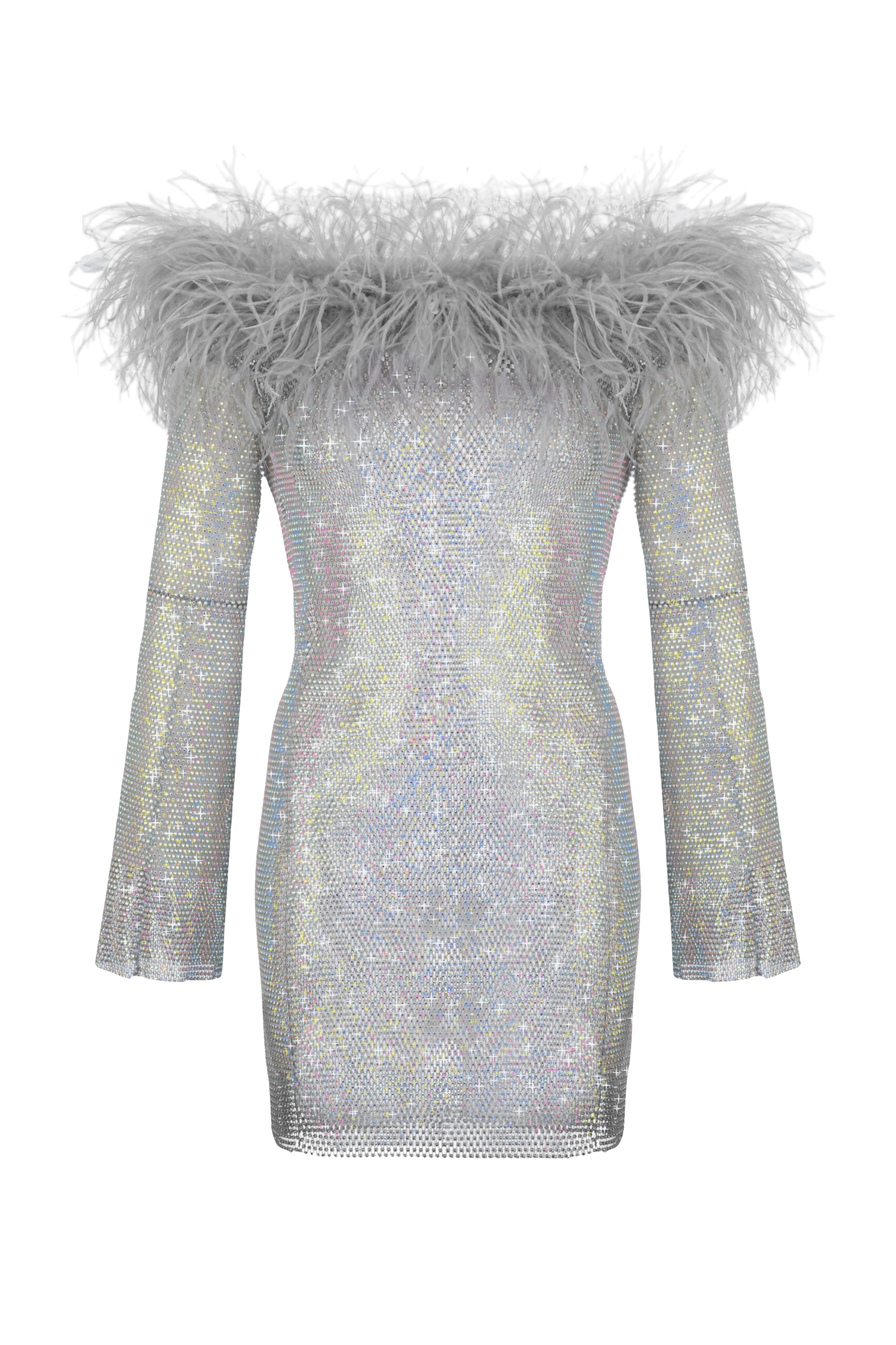 Santa Brands Sparkle Grey Mini Feathers Dress With Open Shoulders