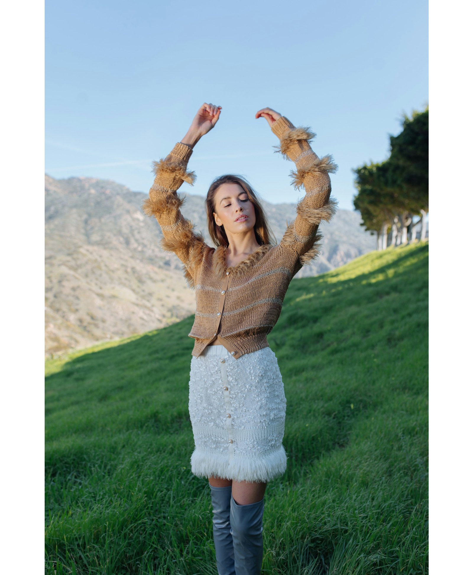 Brown Sundown Handmade Knit Sweater With Pearl Buttons in Brown made by ANDREEVA