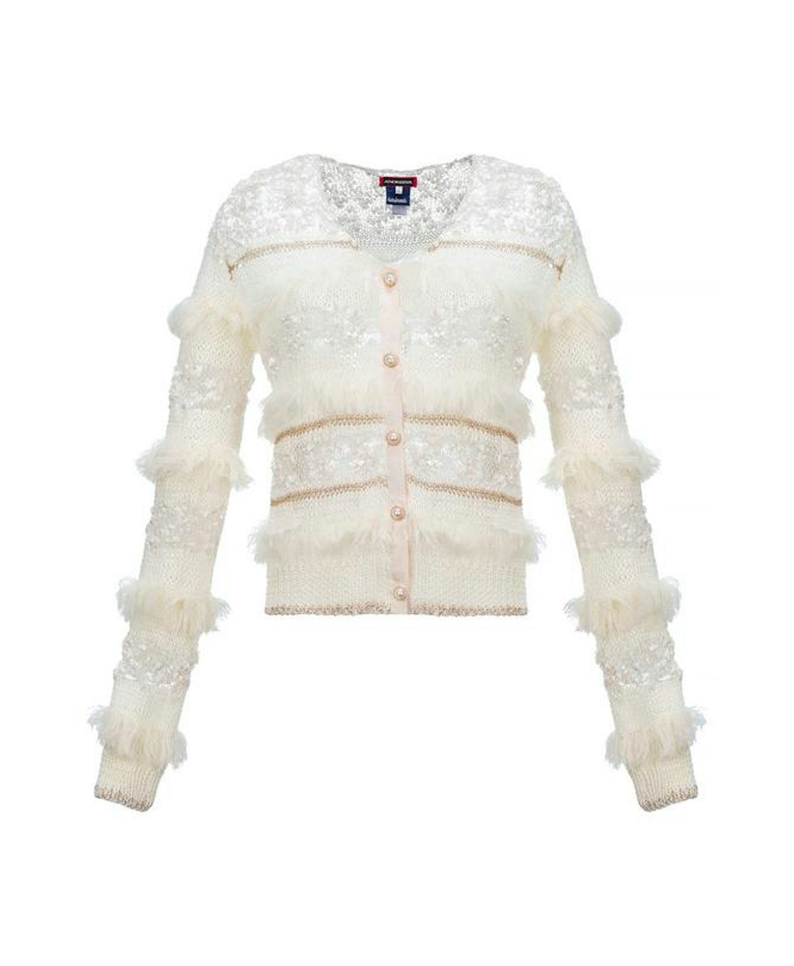 Brown Sundown Handmade Knit Sweater With Pearl Buttons in White made by ANDREEVA