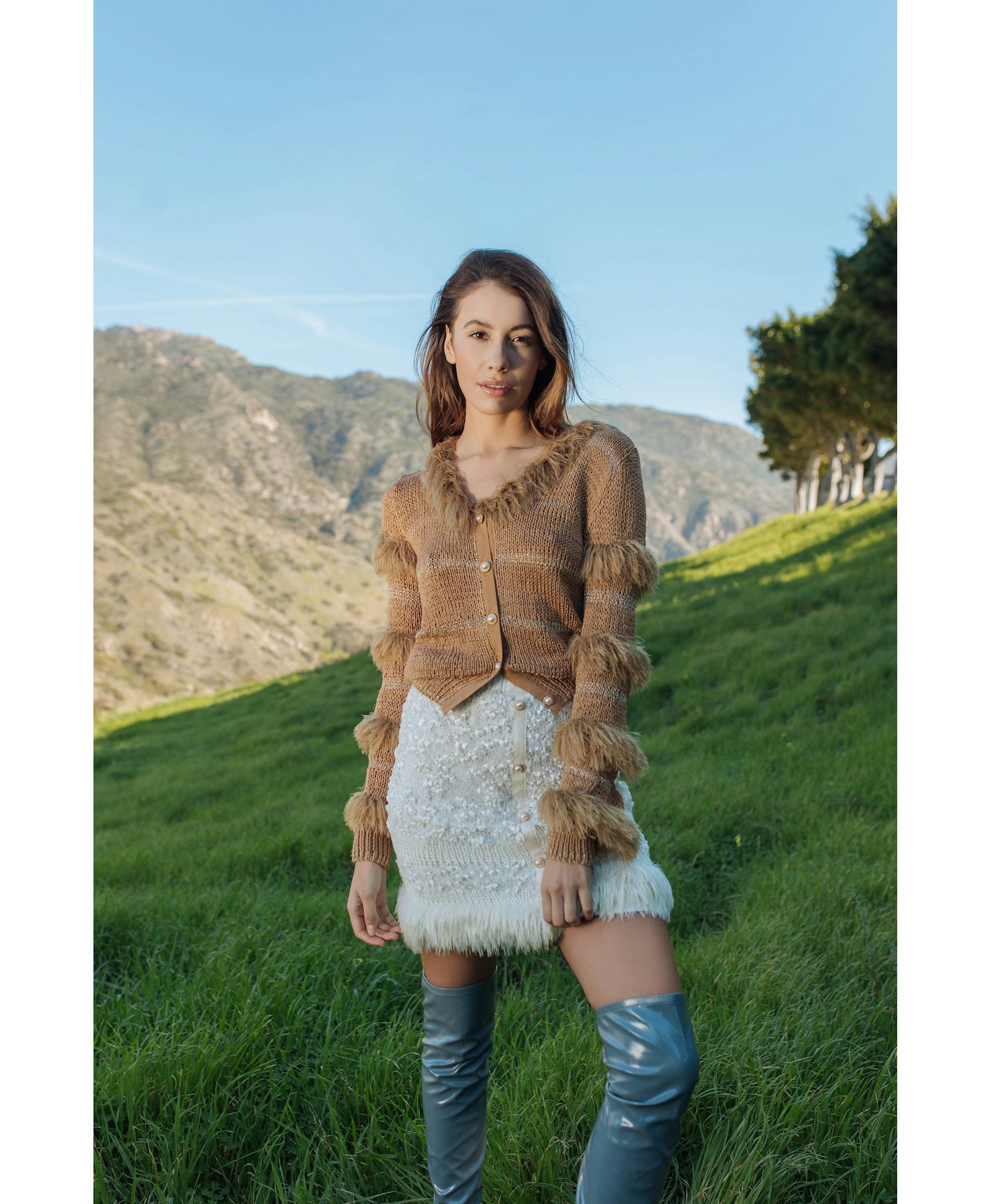 Brown Sundown Handmade Knit Sweater With Pearl Buttons in Brown made by ANDREEVA